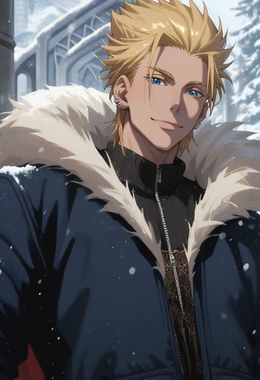 score_9, score_8_up, score_7_up, source_anime, rating_safe, wet, snowing, AslanTGRS, (blonde_Aslan_hair), grey_earrings, blue_eyes, 1boy, male focus, fur trim, jacket, winter clothing, sweet smile, looking down at viewer, blurry outdoors, golden throne, snow, realistic shading, glint, natural lighting, windy, from below