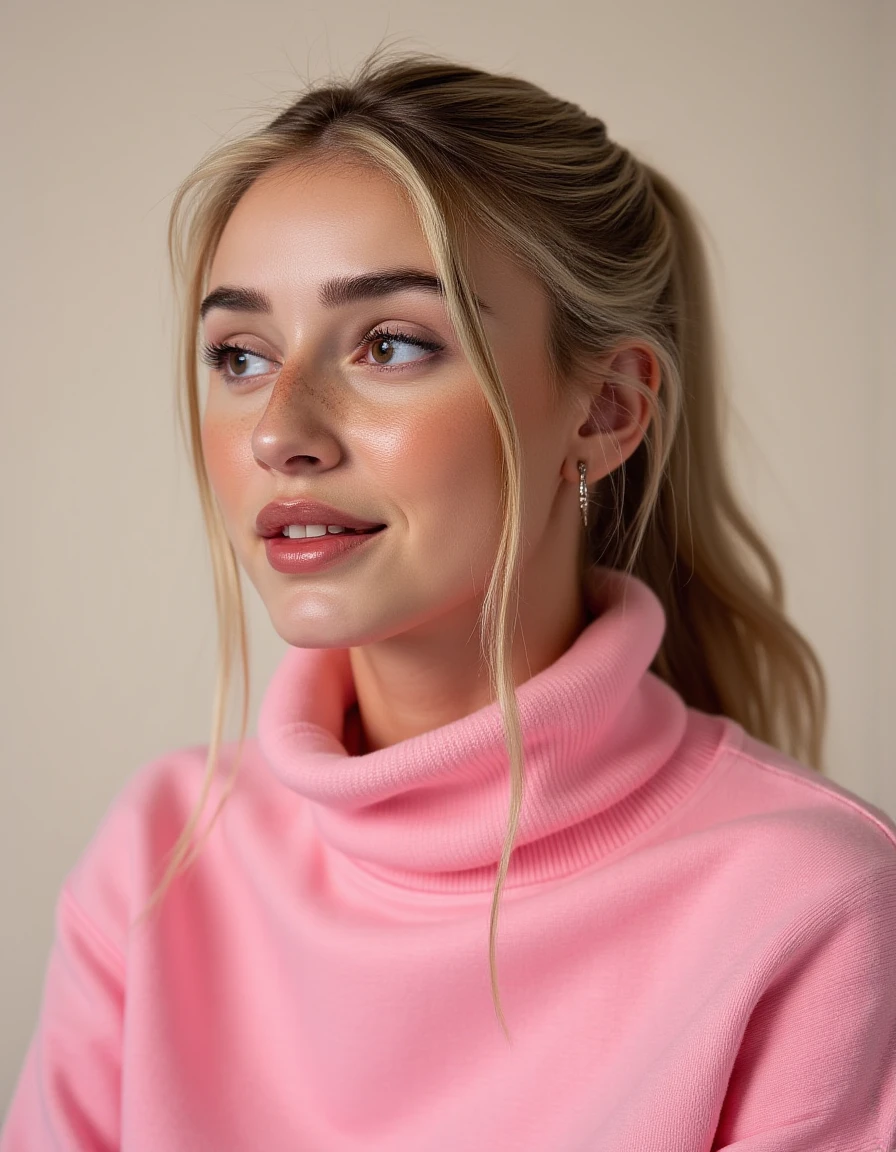 portrait photo in pink turtleneck <lora:IHS-step00001500:1.3>