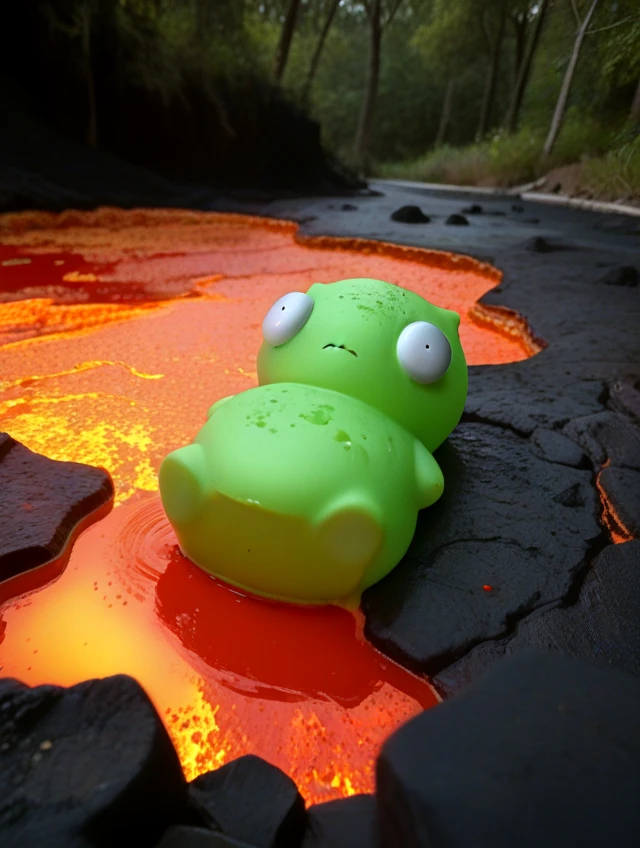 <lora:kuchi_kopi_ewal_life POBY:0.95> kuchi kopi, green night light, bug eyes, neutral face, outdoors, lying in lava, in pain, melting,, source_cartoon, score_9, score_8_up, score_7_up,