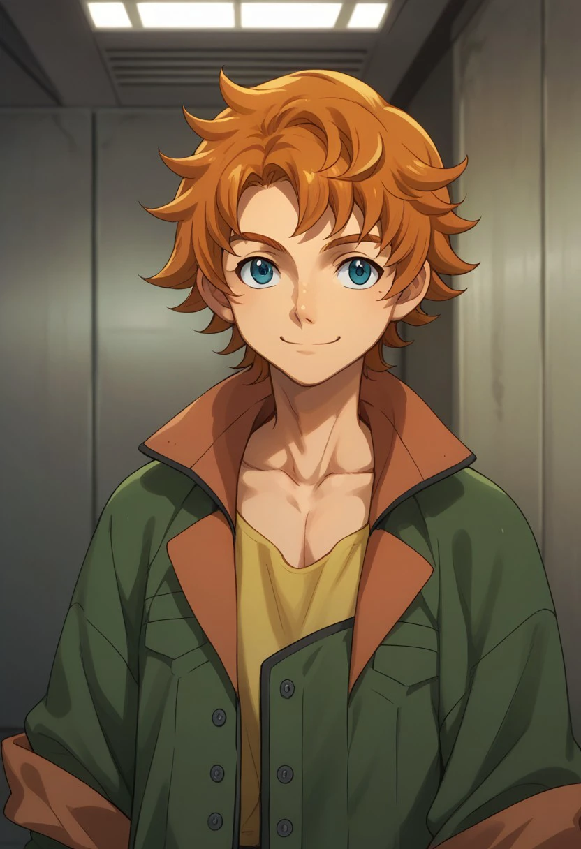 score_9, score_8_up, score_7_up, source_anime, highly detailed,
ridemass, 1boy, male focus, solo, smile, blue eyes, upper body, orange hair, jacket, green jacket, rolled up sleeves,
indoor, hangar,