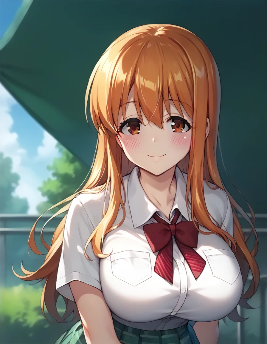 score_9,score_8_up,score_7_up,score_6_up BREAK official art,solo,outdoors,upper body,(portrait:1.5),looking at viewer,facing viewer,smile,blush,Aki Minami,long hair,orange hair,sidelocks,hair between eyes,bangs,brown eyes,school uniform,red bowtie,white shirt,collared shirt,dress shirt,pocket,large breasts,skindentation,short sleeves,miniskirt,green skirt,pleated skirt,plaid skirt,black socks,loafers,<lora:Aki Minami(hc)-Pony:1.5>,<lora:Smooth Anime Style LoRA XL:0.8>,