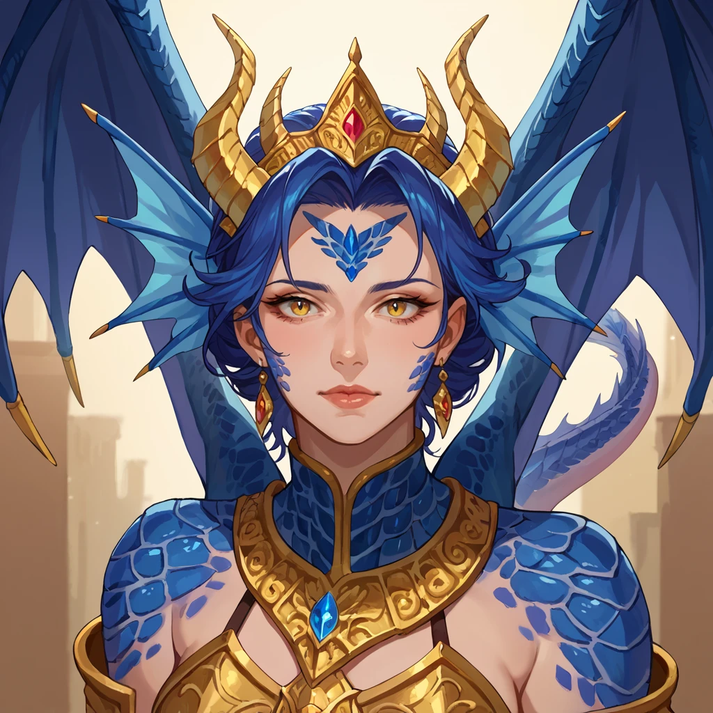 score_9, score_8_up, score_7_up, 2d,
TrueDragon, blue scales, yellow eyes, dragon wings, looking at viewer, solo,
mature female, human, fake horns, headdress, armor,
<lora:True_Dragon_PonyXL:0.8>