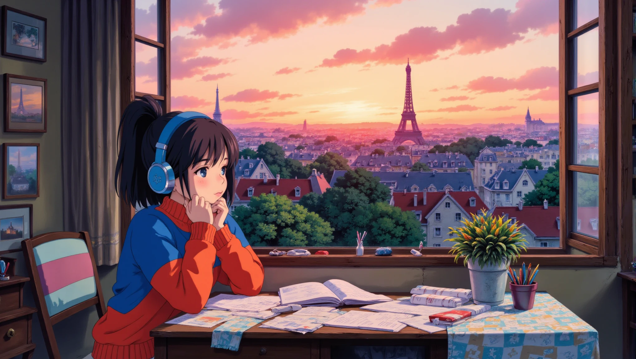 a cozyWallpaper style image of a scene depicting a young girl sitting at a desk in her cozy room, studying. She is wearing a blue and orange sweater and has blue headphones over her ears, with her brown hair tied back in a ponytail. The girl rests her chin on her hands, appearing slightly bored, as she gazes out of the window. The desk in front of her is cluttered with open notebooks, papers, a laptop, and various stationery items. A small potted plant sits on the windowsill, basking in the warm glow of the late afternoon or early evening sunlight. Outside the window, Paris can be recognized with an eiffel tower in the distance, fading into the twilight, creating a cozy and introspective atmosphere in the room.  <lora:cozyWallpaper_flux:1>