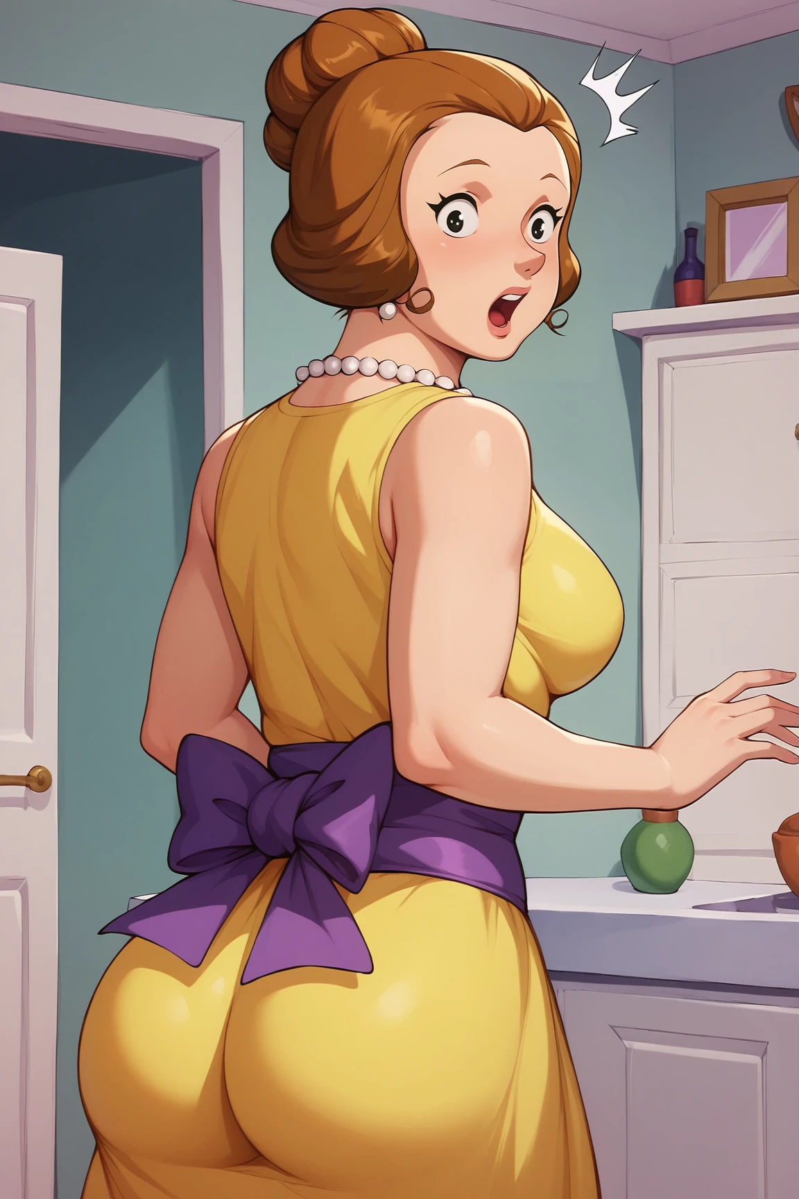 score_9, score_8_up, score_7_up, score_6_up, BREAK, KMammiMMXL, black eyes, brown hair, short hair, single hair bun, pearl necklace, medium breasts, mature female, yellow dress, sleeveless, purple sash, yellow skirt, solo, standing, from behind, ass, surprised, looking at viewer, indoors <lora:KMammiMMXL:1>