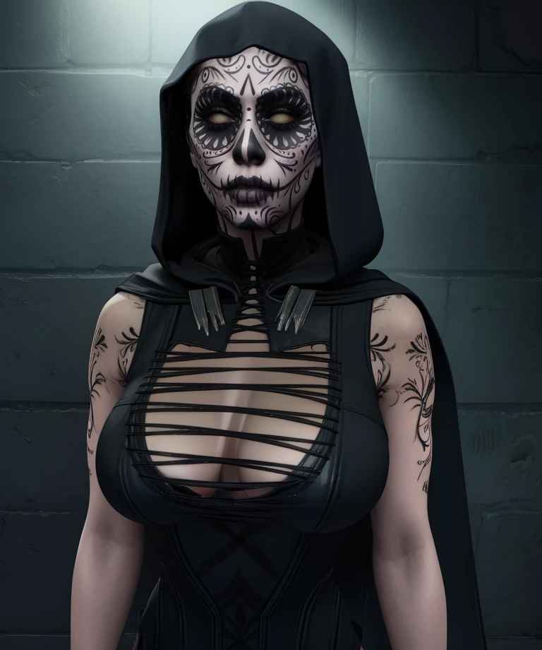 ladethdp,white eyes,facial mark,
hood,black dress,cleavage,
standing,  upper body, 
night,dark shadows,
(insanely detailed, masterpiece, best quality) solo,<lora:LadeathDP:0.9>,