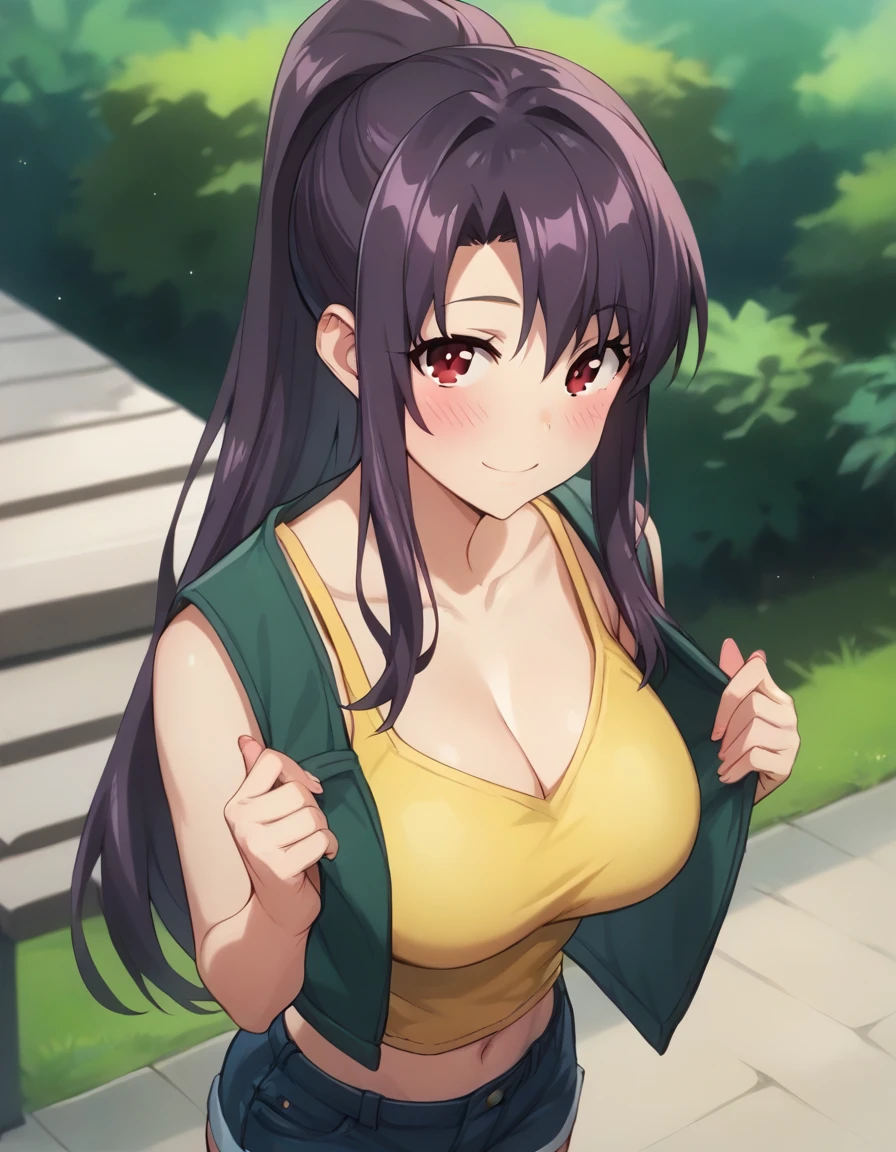 score_9,score_8_up,score_7_up,score_6_up BREAK official art,solo,outdoors,upper body,(portrait:1.5),looking at viewer,facing viewer,smile,blush,Natsuki Kitamura,long hair,purple hair,ponytail,sidelocks,bangs,red eyes,collarbone,cleavage,green vest,yellow tank top,sleeveless,large breasts,navel,denim shorts,short shorts,boots,<lora:Natsuki Kitamura(hc)-Pony:1.5>,<lora:Smooth Anime Style LoRA XL:0.8>,