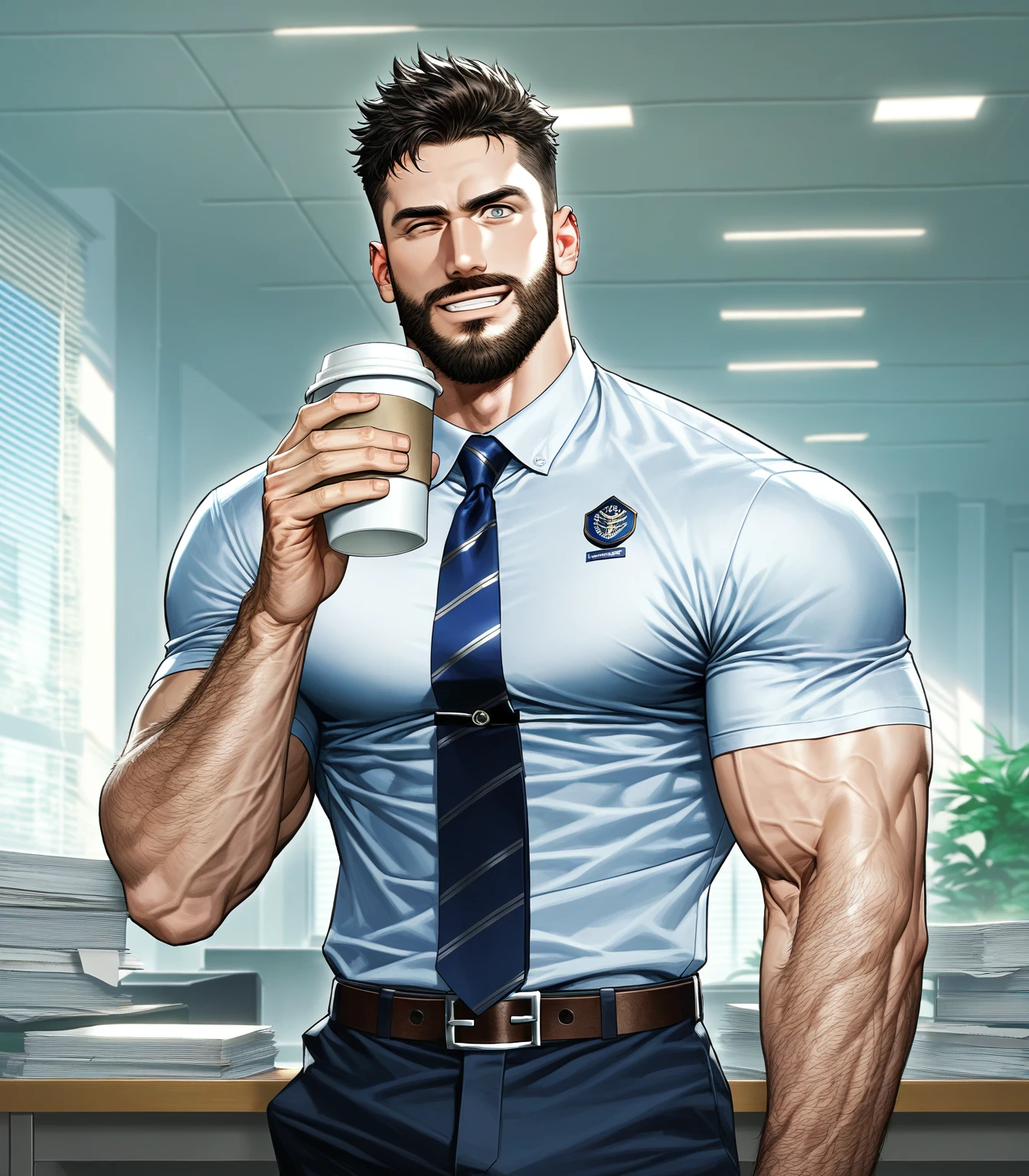 score_9, score_8, score_7, score_6_up, 1boy, male, solo, yoav even, tight shirt, short sleeves, necktie, standing, belt, pants, big biceps, muscular, beard, grey eyes, looking at you, veiny arms, vascular arms, arm hair, warm smile, blake alexander, best details, 2023, sfw, office, desk, skyscrapers in the background, large windows, daylight, hands on desk, casual pose, tighs, holding coffee cup, winking