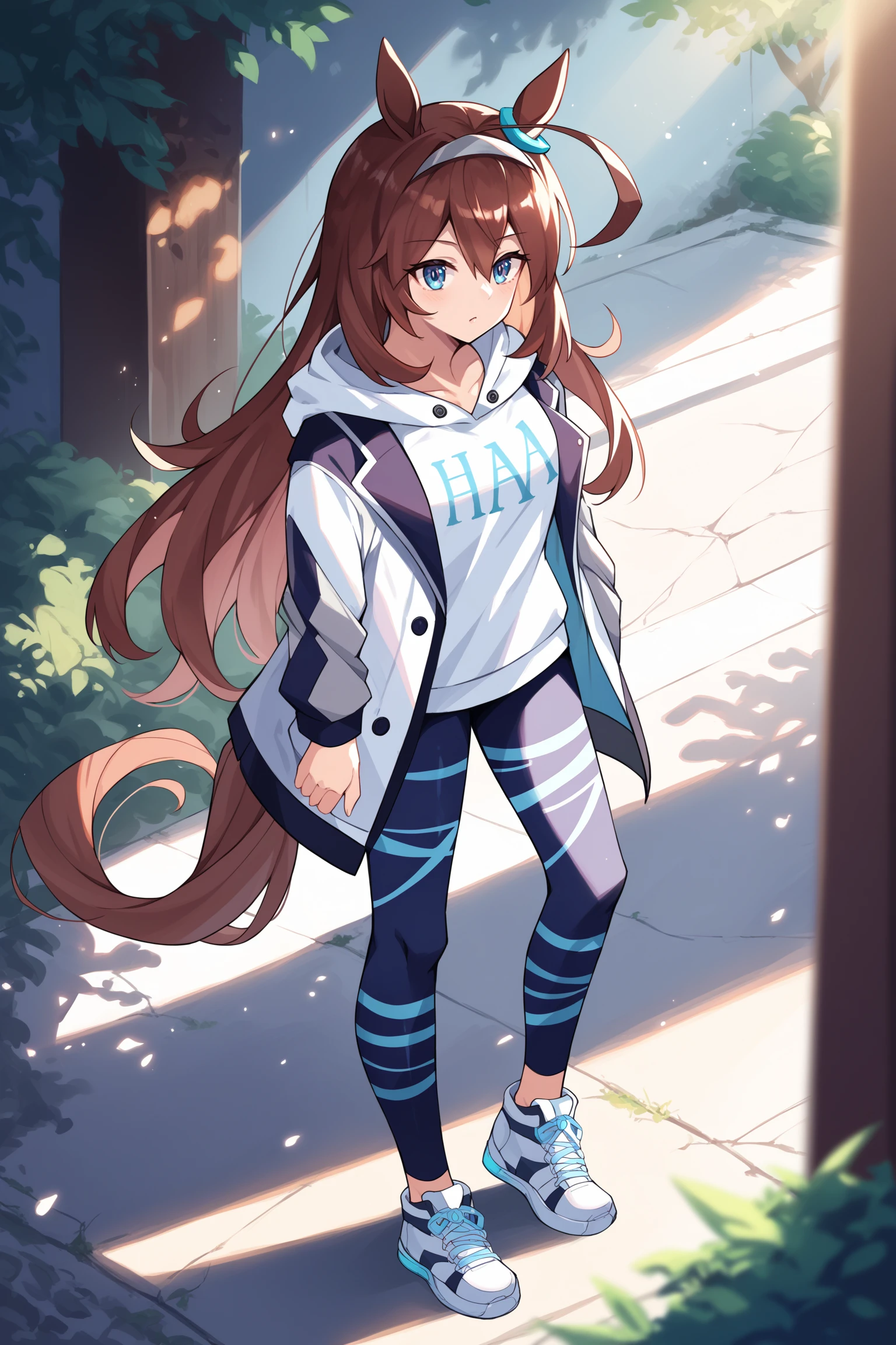 score_9, score_8_up, score_7_up, , rating_general ,1girl ,long hair, ahoge, blue eyes, horse ears, horse tail, hair ornament, ear blue ring, white hairband, open jacket, layered clothes, hoodie shirt, hood down, web print leggings, sneakers, outdoors, source_anime, <lora:MihonoBourbonPDCAMEq5v1 UMA:1>, cowboy shot, abstract, spotlight, alluring, shiny skin, in heat, steaming body ,