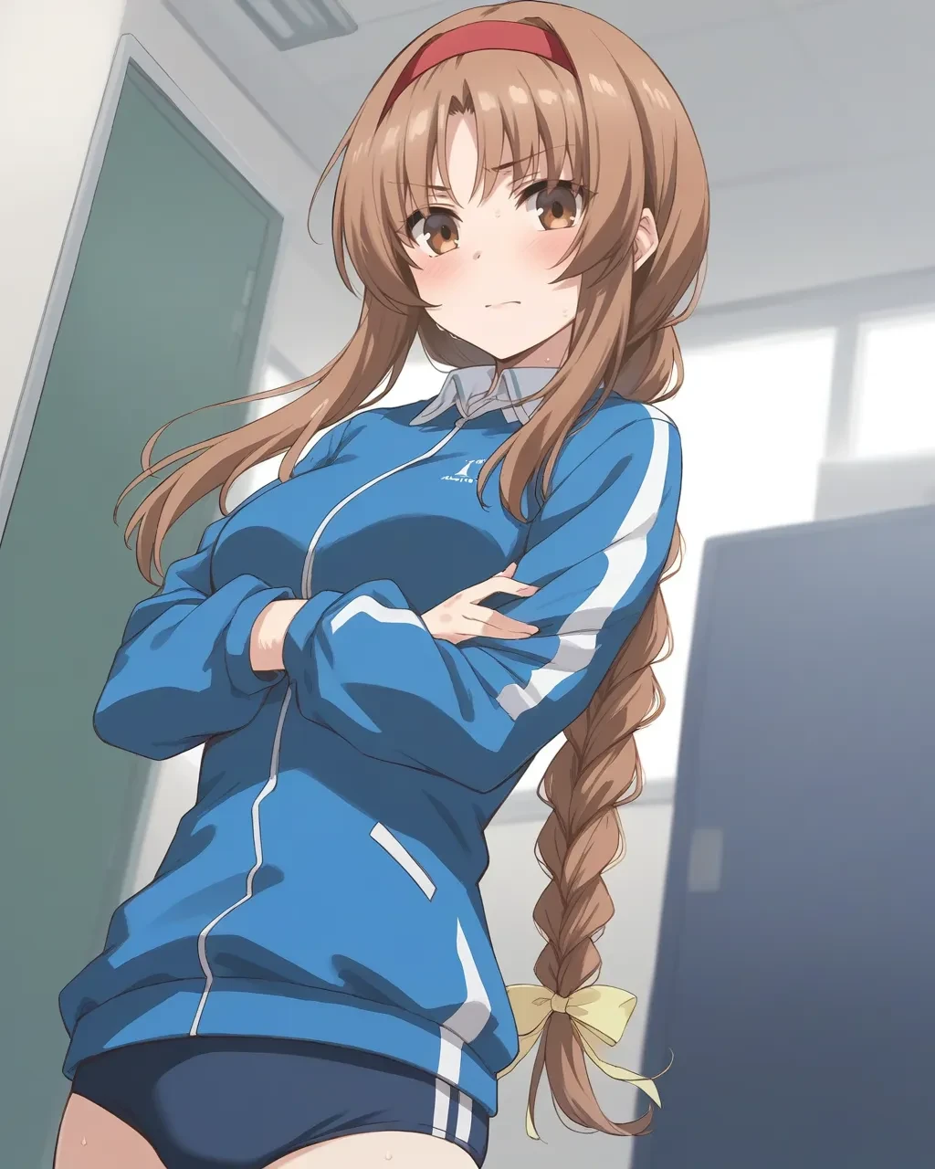 score_9,score_8_up,score_7_up,best quality, 4k, rating_safe, very aesthetic, source_anime,1girl,
<lora:Takao:0.9>,takao,brown hair,brown eyes,long hair,single braid,red hairband,
gym uniform,buruma,track jacket
dynamic angle,cowboy shot,
embarrass,sweat,blush,
looking at viewer,,