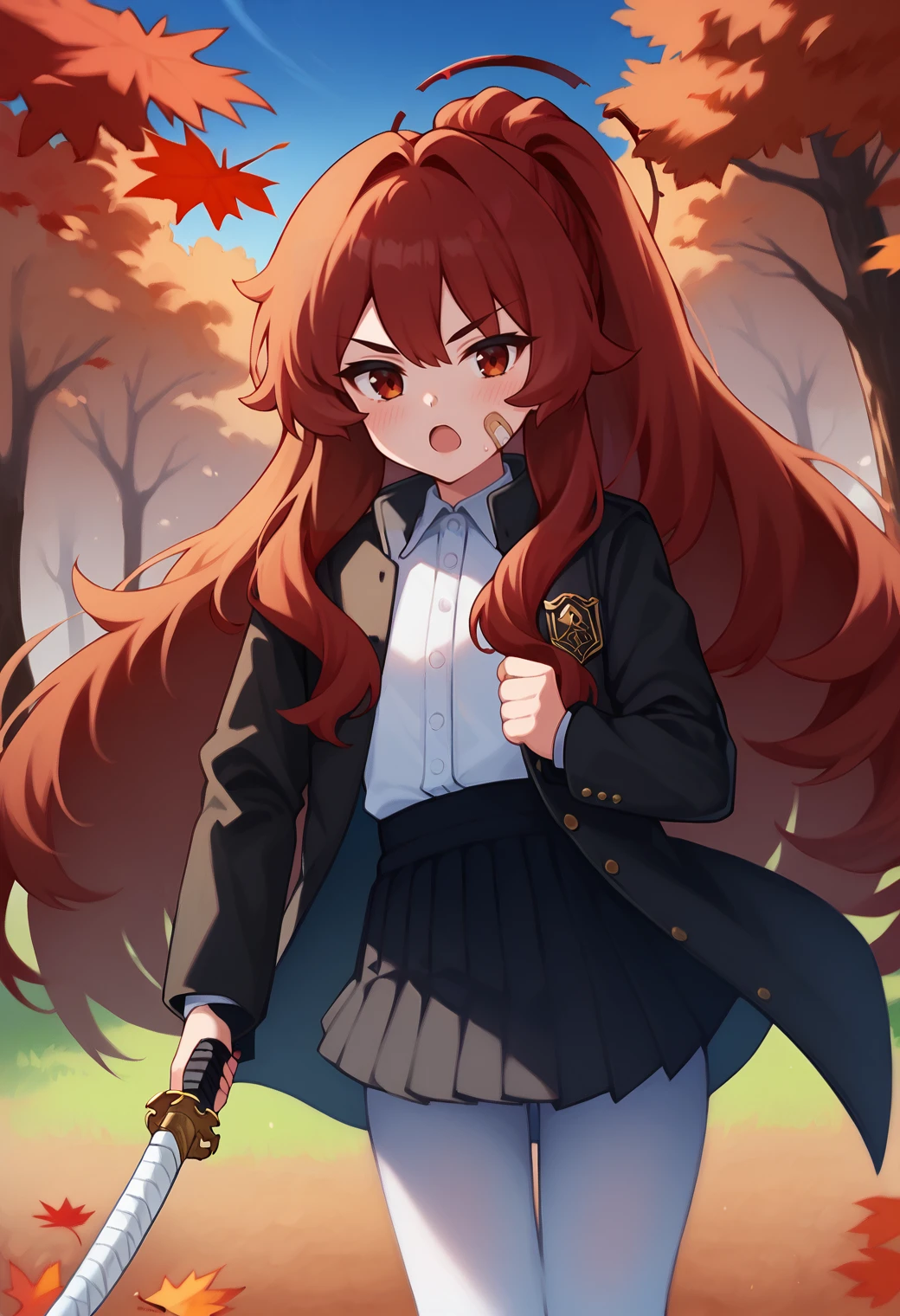 score_9, score_7_up, hd, (ultra hd quality details), source_anime, outdoors, autumn, maple leaf, autumn leaves, red theme, blue sky,
solo, 1girl,  kvkoito, ponytail, bandaid on face, halo, very long hair, floating hair,
school uniform, black jacket, black coat, open jacket, white shirt, collared shirt, black skirt, pleated skirt, white pantyhose,
blush, open mouth, serious, looking at viewer,
fighting, onehandkatana, katana,
<lora:_ashiharatsumori_koito-elesico-pony-07:1> <lora:unlimitedbladeworks_XLPD:1>