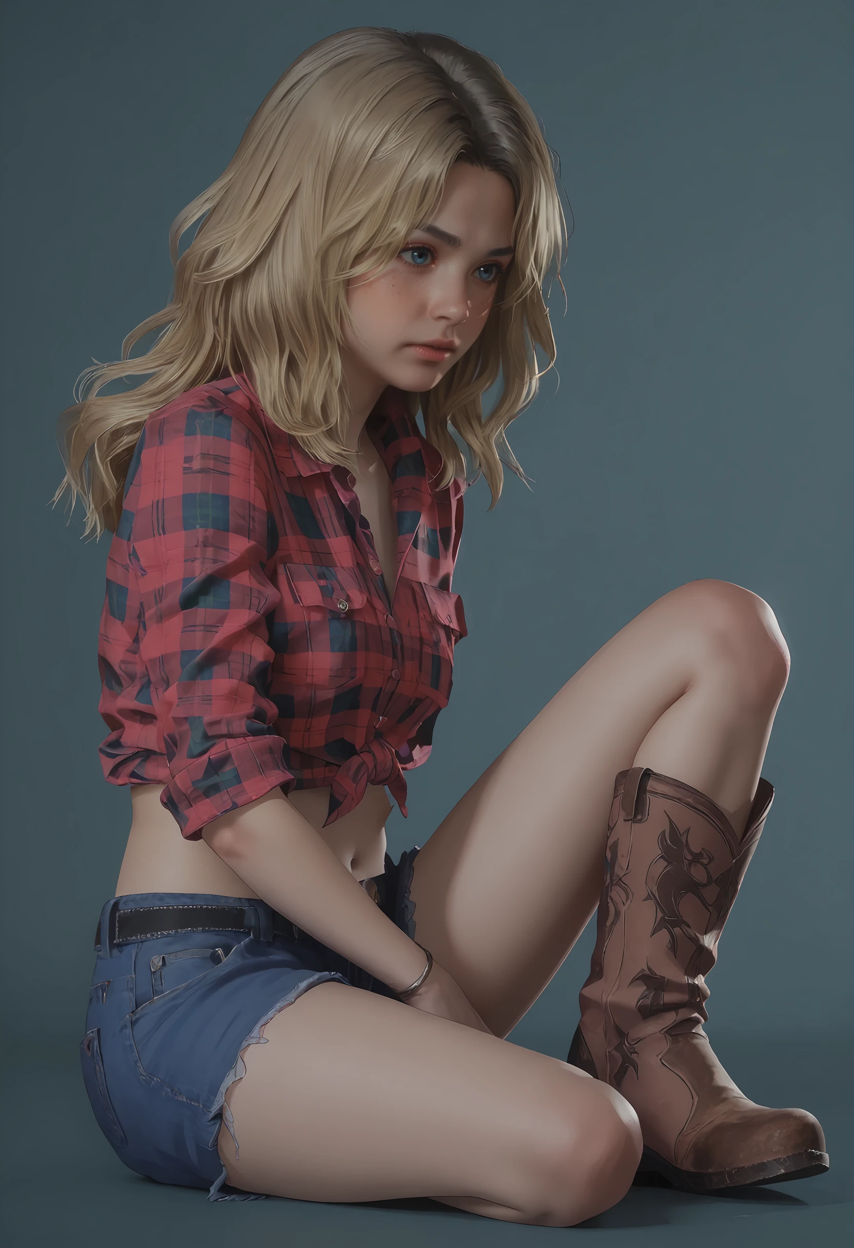 score_9, score_8_up, score_7_up, score_6_up, score_5_up, score_4_up, 1girl, <lora:BeccaWoolettRER:0.75> solo, blue eyes, wavy hair, blonde hair, long hair, plaid shirt, shirt, plaid, denim, shorts, denim shorts, midriff, navel, boots, jewelry, sitting, 
light blue background, simple background,