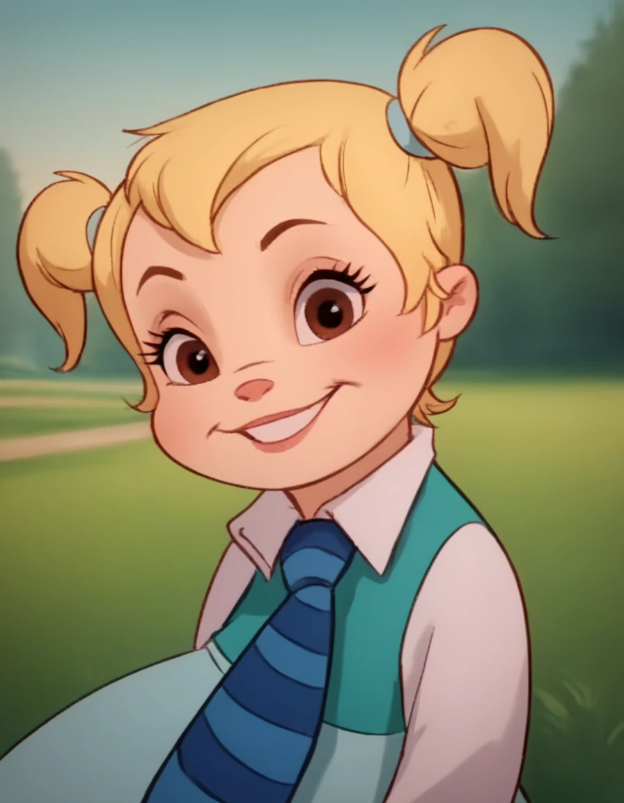 <lora:EleanorMillerPony:1> eleanor, 1girl, solo,brown eyes, blonde hair, short twintails, green dress, collared shirt, striped necktie,smile, looking at viewer,upper body, portrait,outdoors,   score_9, score_8_up, score_7_up, score_6_up, score_5_up, score_4_up