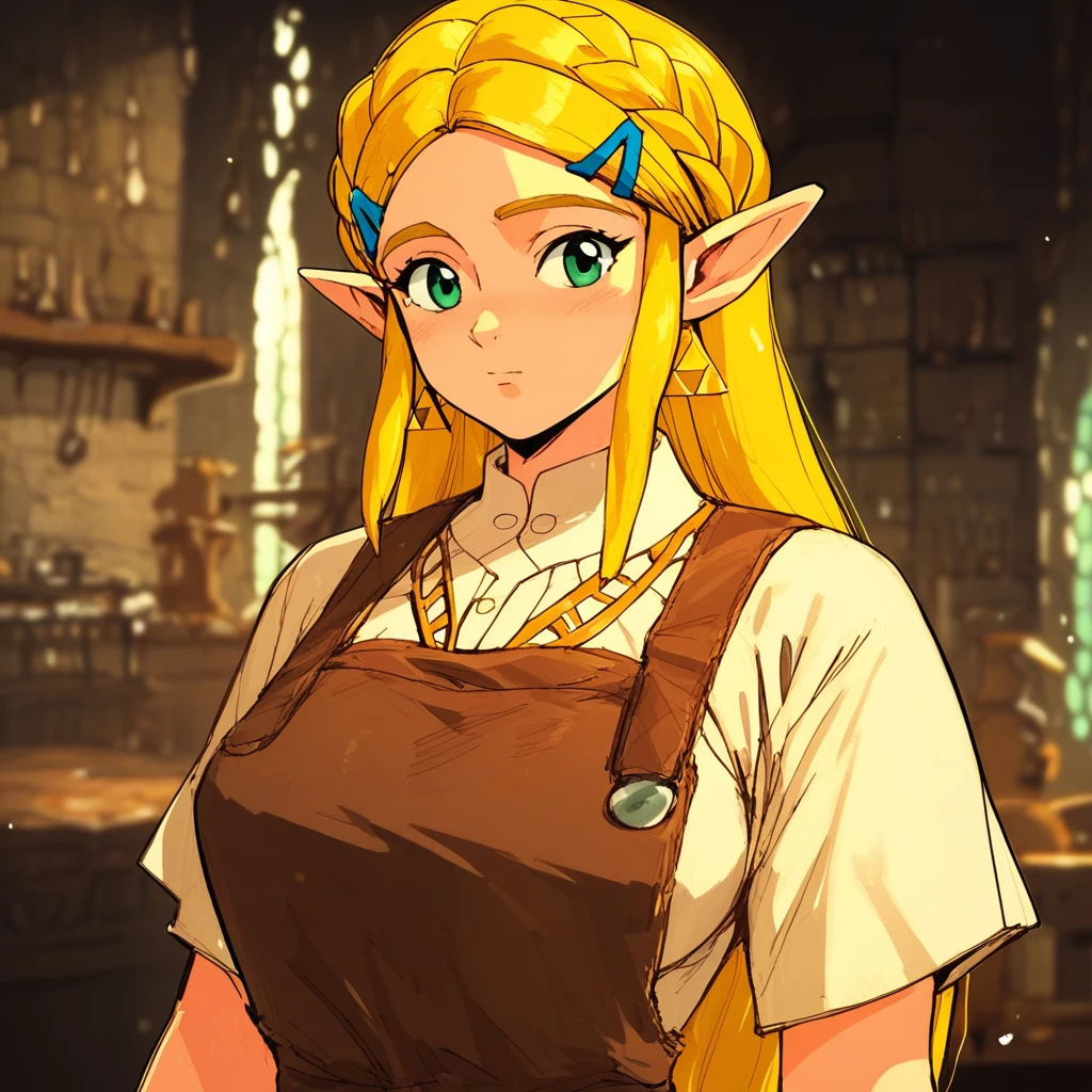 source_anime, BL4CKSM1TH, apron, leather((score_9)),score_8_up,score_7_up,score_6_up,score_5_up,score_4_up, retro_artstyle, anime style, 1woman, Princess Zelda, blonde hair, large breasts, (green eyes), looking at viewer, facing viewer, masterpiece, best quality, highres, best illumination, depth of field,