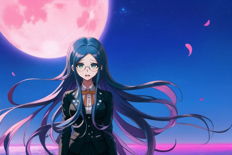 <lora:Tsumugi_Shirogane_emSD15:1>,   Tsumugi Shirogane character, Tsumugi Shirogane, <lora:danganronpa3_despair_arc:0.65>, Danganronpa 3 screencap style, anime , school uniform, 1girl, solo, white blouse, orange bow, teal-black blazer, silver buttons, teal-blue hair, center parted hair, straight hair, wavy hair, teal-green eyes, round glasses, white glasses,  blending Japanese and magical elements, featuring a Animal with gravity-defying long, their pink petals contrasting with the dark night sky and a crescent moon casting a soft glow, with a serene body of water reflecting the moonlight in the background, balancing realism with fantastical elements, and a rich color palette of reds, pinks, and deep blues, evoking an atmosphere of mystery, beauty, and a touch of danger solo, Glowing Runes, weapon, moist skin  , surprised expression, daydreaming