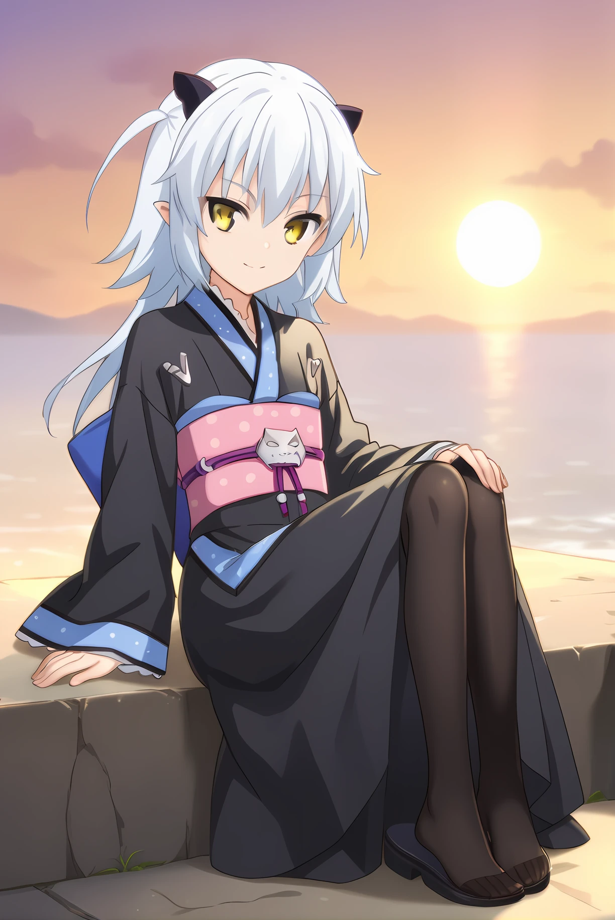 (black kimono pantyhose obi), mt-shiroyasha, white hair, yellow eyes, short horns, 1girl, solo, skinny, feet, (score_9, score_8, score_7), source_anime, light smile, (sunset), (1.3::full body|sitting|standing|lying|0.6::close-up| :1.20), <lora:mt-shiroyasha-V01-000003:0.70>