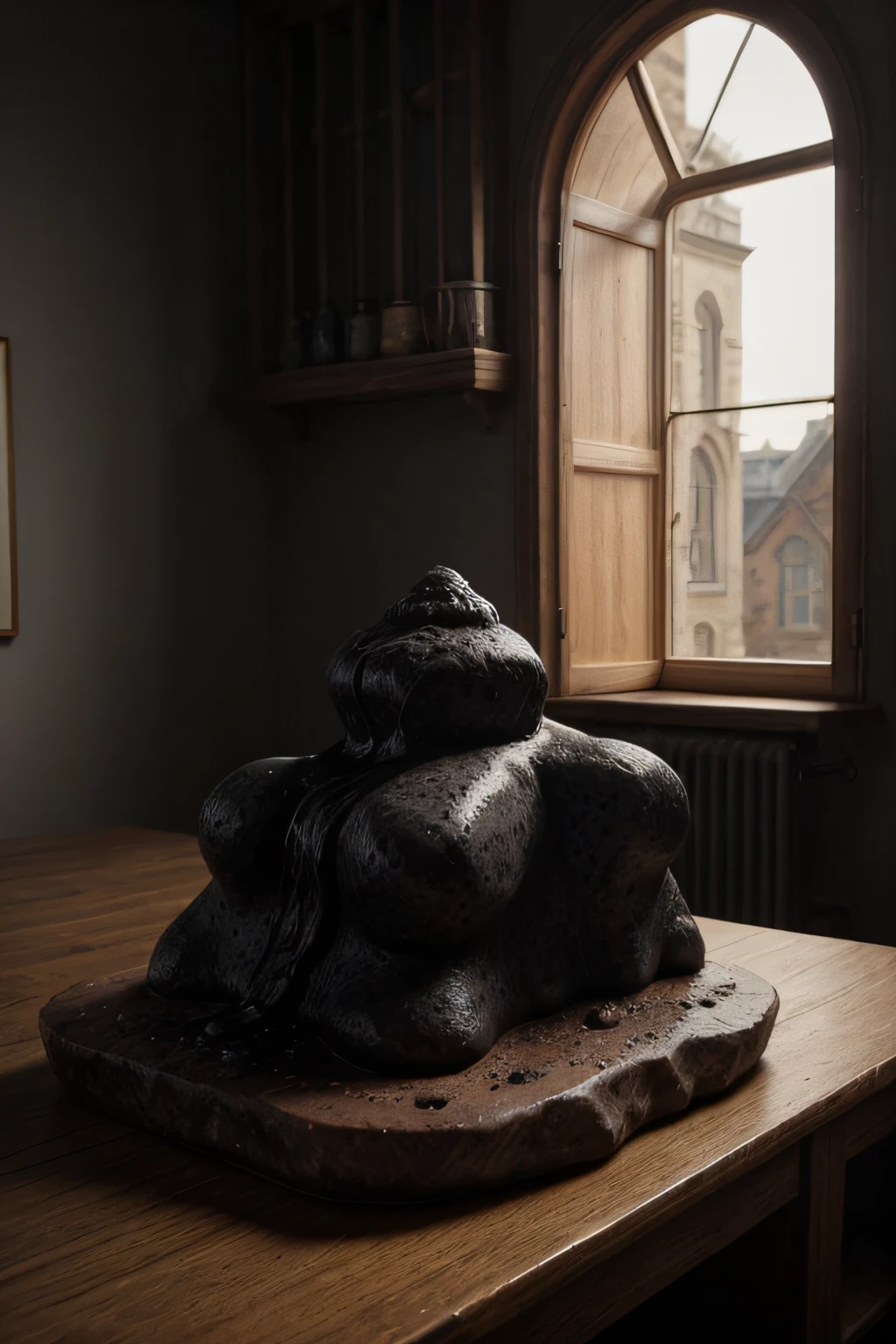marble statue of a realistic nude Greek woman demonstrating sexuality sitting on a stone with a naughty look and showing parts of her body in a footprint of ancient Greek sculptures with the background of a square in Rome