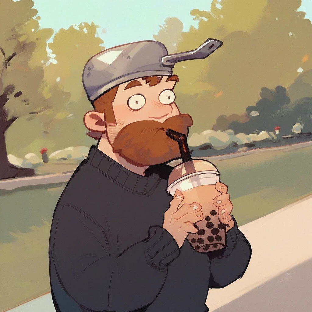 score_9_up, score_8_up, score_7_up, mikus-dave, brown hair, brown beard, frying pan on head, 1boy, solo, black sweater, gray shorts, park, holding, bubble tea