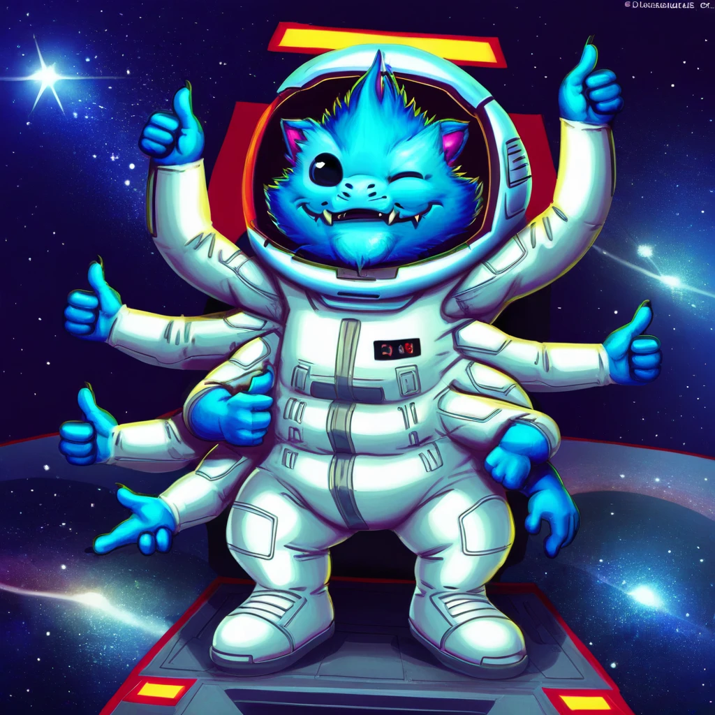 Skittermander, solo, male, furry, fangs, 6 arms, multiple arms, spacesuit, blue fur, thumbs up, winking,