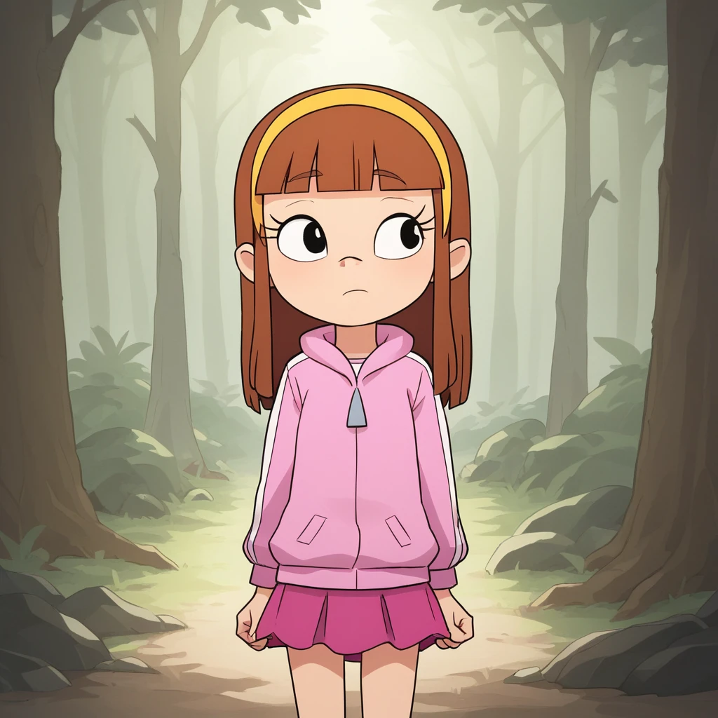 score_9_up, score_8_up, BREAK, 1girl, solo, AmyAnderson, brown hair, blunt bangs, long hair, black eyes, hairband, pink jacket, skirt, cowboy shot, forest,  <lora:Amy_Anderson_PXL_Leaf3:0.8>, arms at sides,