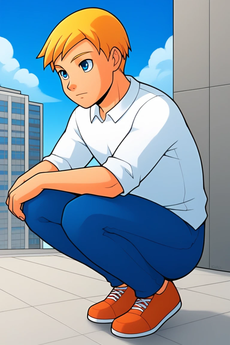 powerpack_alex,, 1boy,solo,blonde hair,short hair,male focus,blue eyes, sky,white shirt,blue pants,full body,squatting