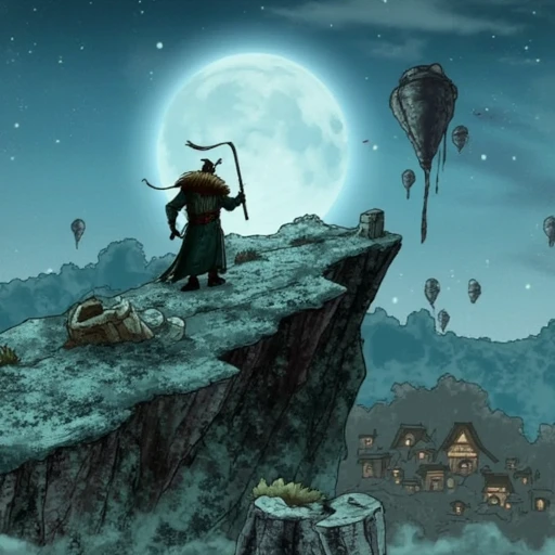 dragon hunters, a warrior on a hill, moon in background, village in background