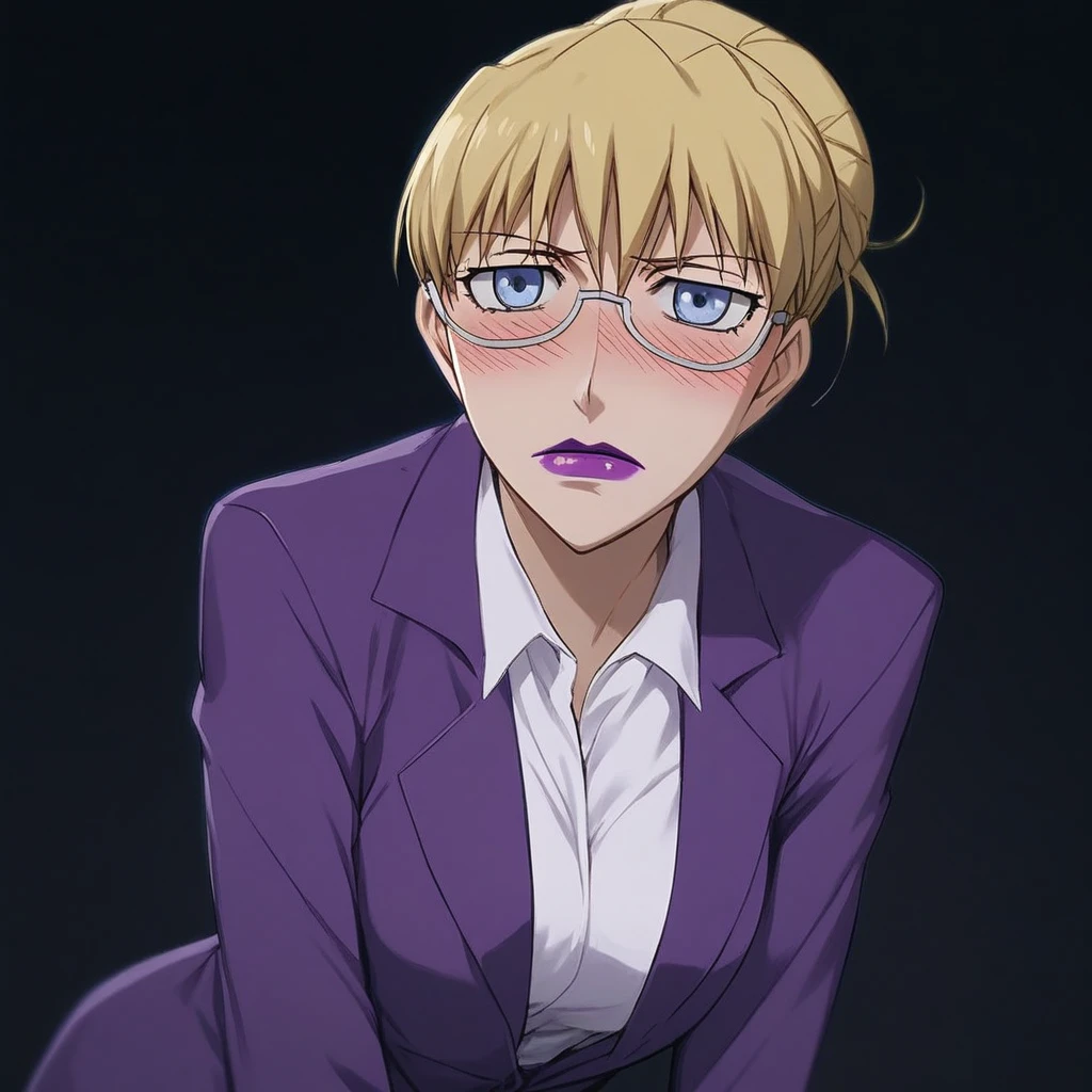 score_9, score_8_up, score_7_up, source_anime, expressive, anime, Artist speedlines, dynamic, D4RK3RTH4NBL4CK, BR1T4, 1woman, (brita_(darker_than_black):1.2), blonde_hair, blue eyes, purple_lips, glasses, business_attire, serious_expression, anime_girl, purple_jacket, white_shirt, tied_hair, female, looking at viewer, facing viewer, bare_legs, high_heels, blush, blushing, embarrassed, dark background, Artist style:komori_takahiro