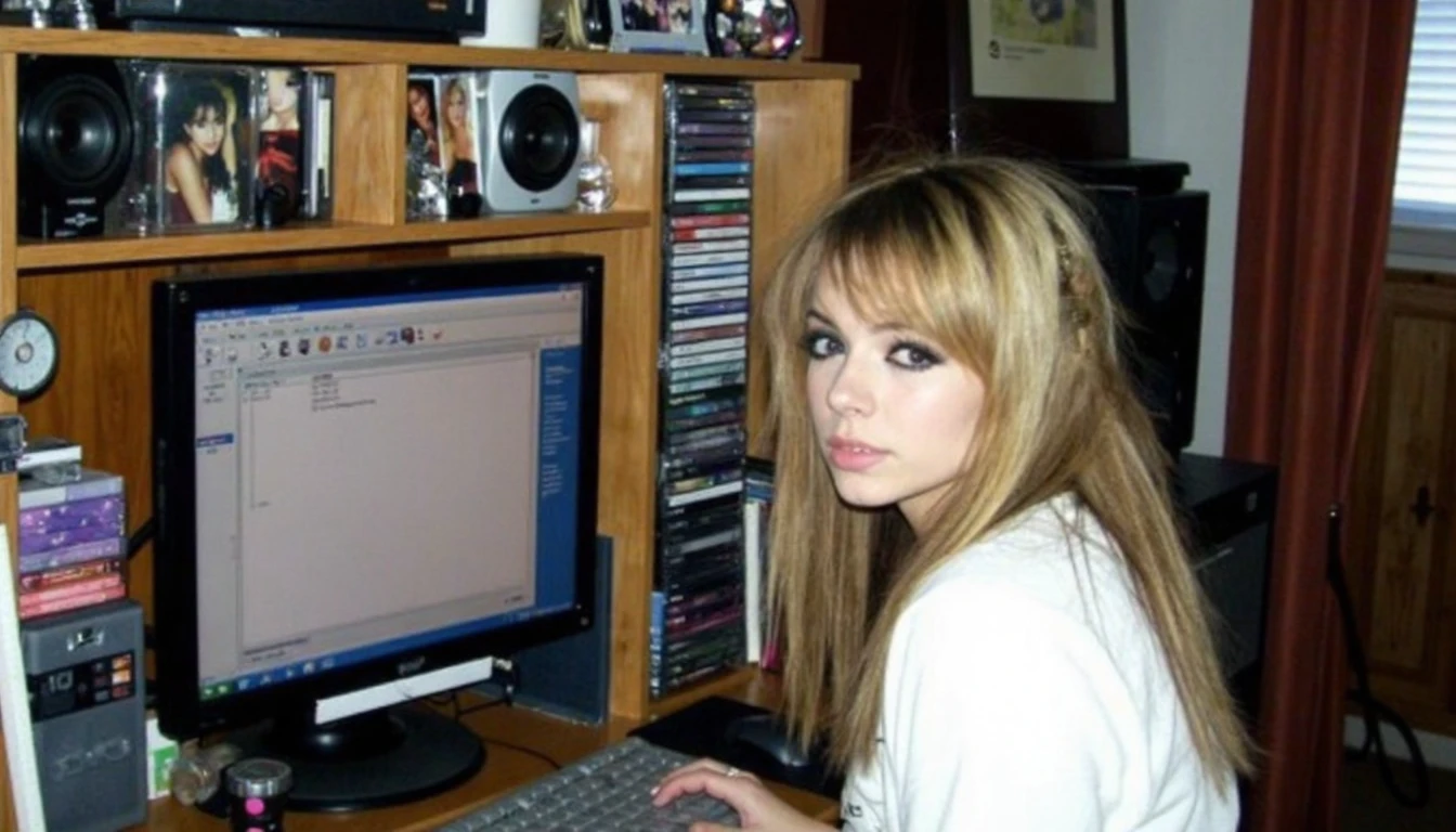 amateur photo with bad quality, flashlight, Photo of a cluttered home office, featuring a wooden desk with various items such as a computer monitor, speakers, CDs, and personal photographs. The room has a warm, lived-in feel with natural lighting casting soft shadows on the surfaces. The composition is casual and somewhat disorganized, reflecting a space that is actively used for work or hobbies. Young woman with long blonde hair and bangs, wearing minimal makeup wokring on the computer. She is looking directly at the monitor with a neutral expression