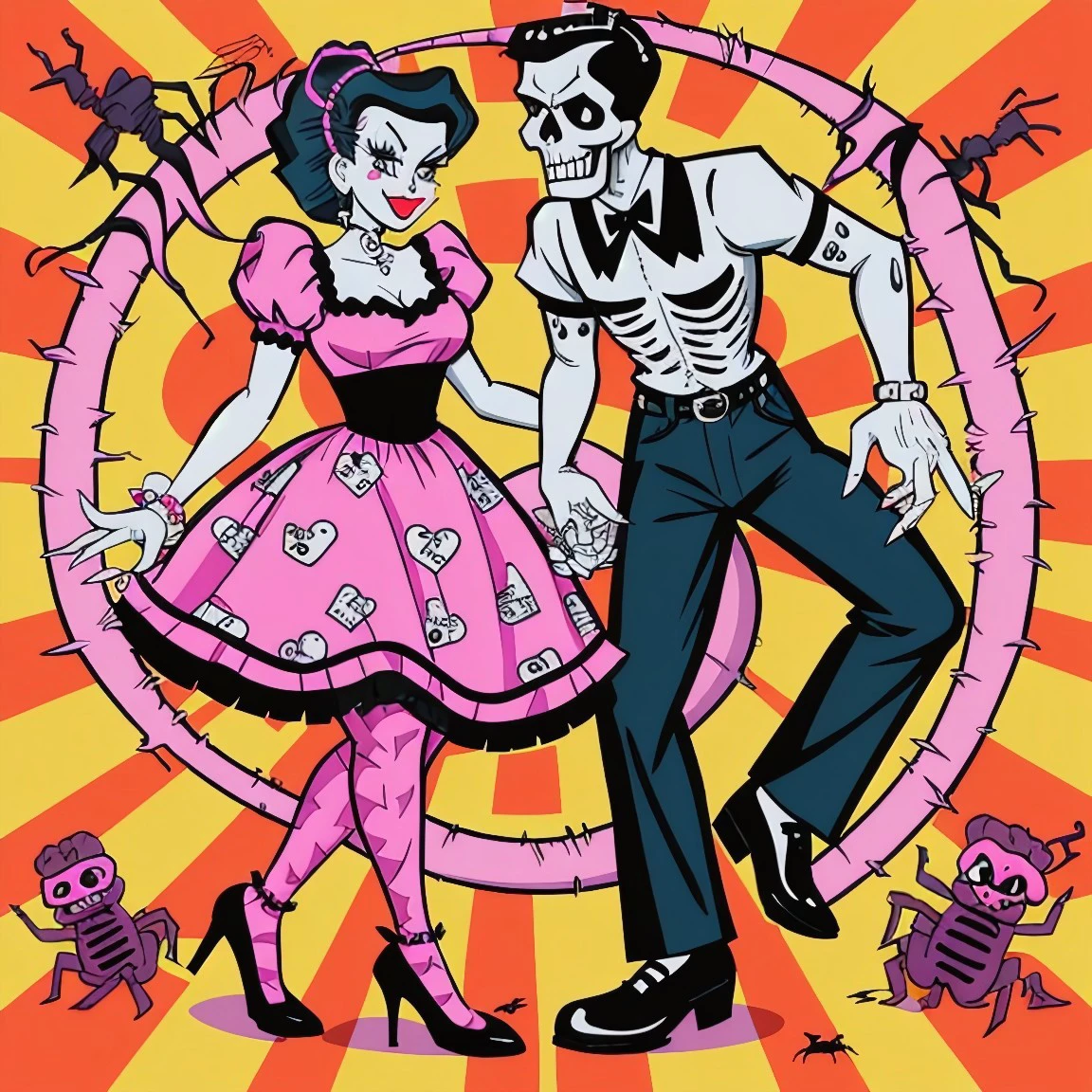 rockabilly skeleton couple, sock hop, poodle skirt, diner, bright color, colorful, tentacles, spiders, in the style of frank kozik