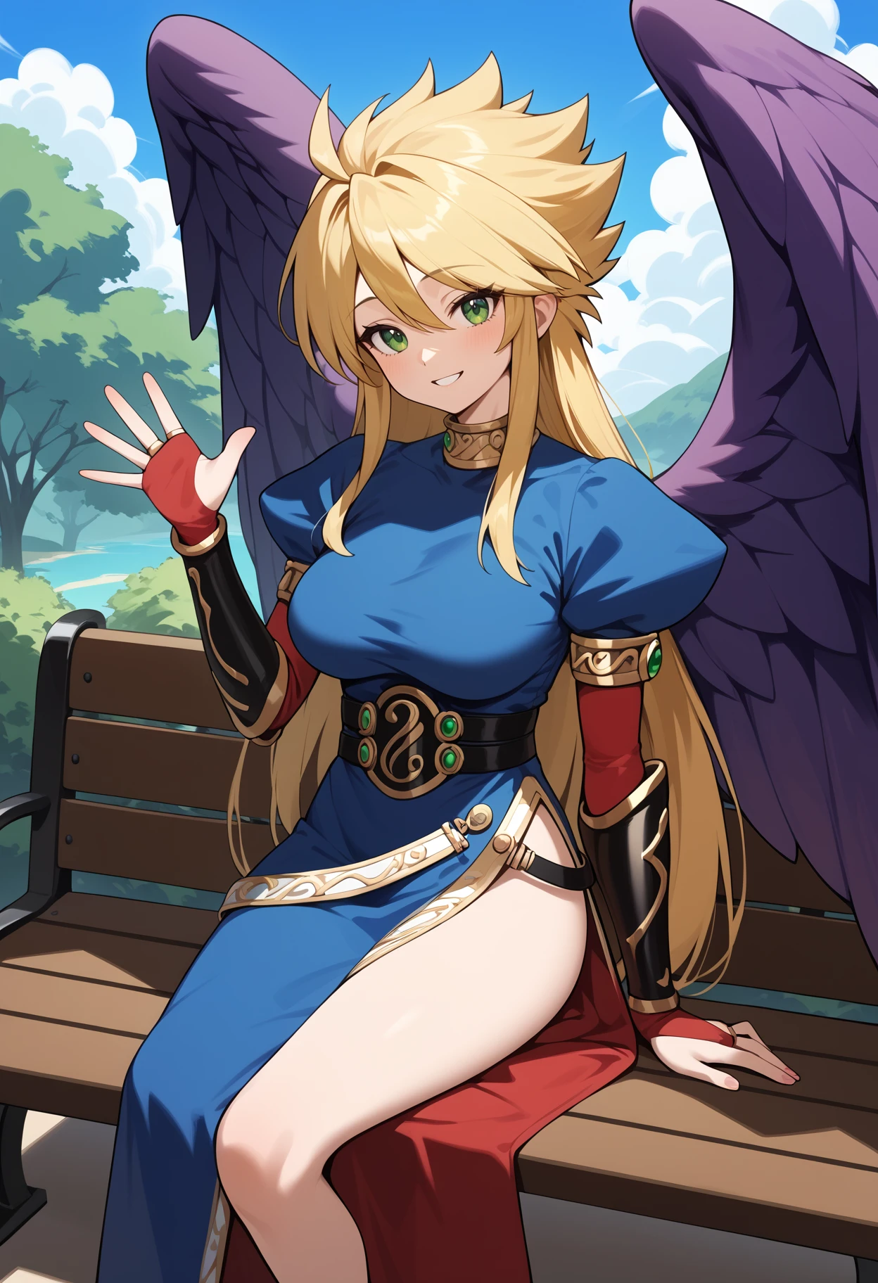 score_9, score_8_up, score_7_up, score_6_up, score_5_up, score_4_up, source_anime, aanina, long hair, blonde hair, green eyes, large breasts, feathered wings, purple wings, blue dress, puffy sleeves, bridal gauntlets, side slit, <lora:nina_bof2_ponyxl_v1:0.9>, outdoors, sitting, bench, waving, smile,