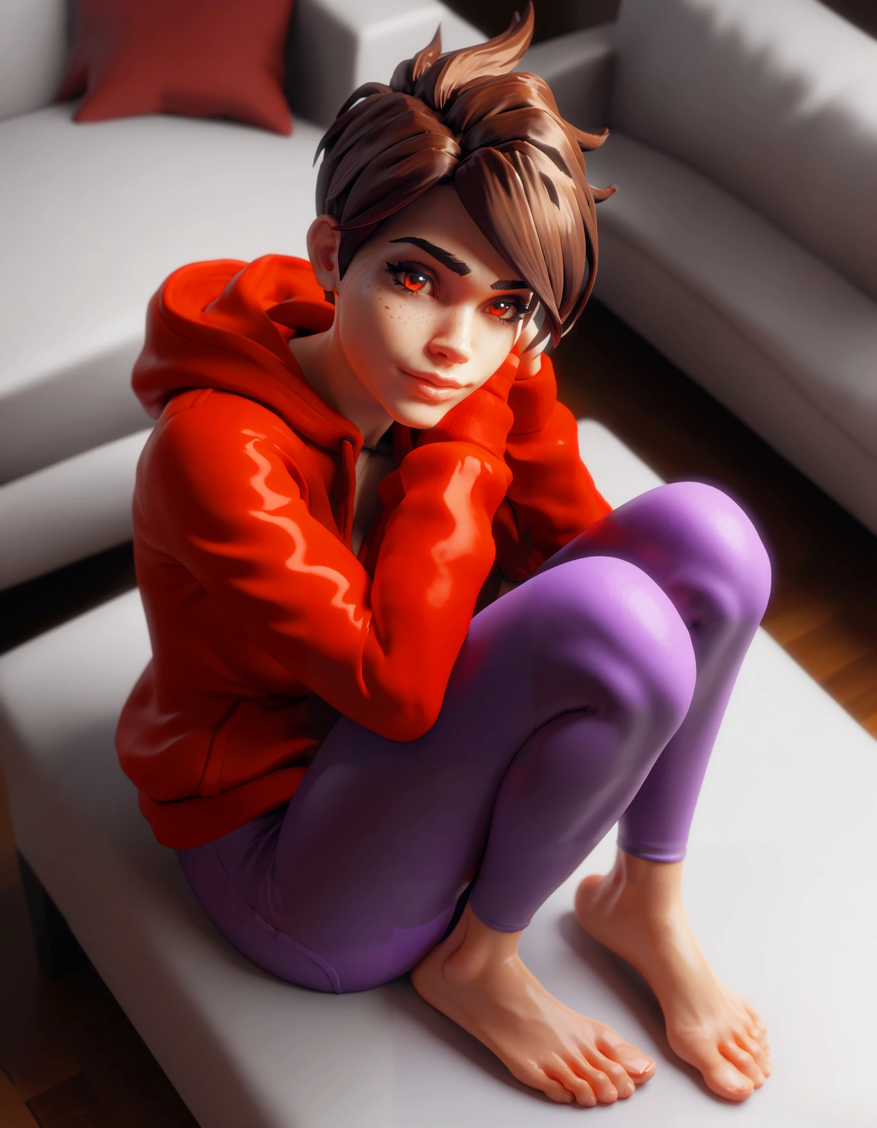 score_9, score_8_up, score_7_up, score_6_up, 8L3ND3RF33T, 1girl, solo, ails, foot focus, tracer_(overwatch), looking up at viewer, view from above, bent knees, fetal position, knees to chest, sitting upright, white couch, red hoodie, pretty eyes, purple leggings, barefoot, tops of feet, barefoot,, <lora:8L3ND3RF33T_redone2-step00003000:1>