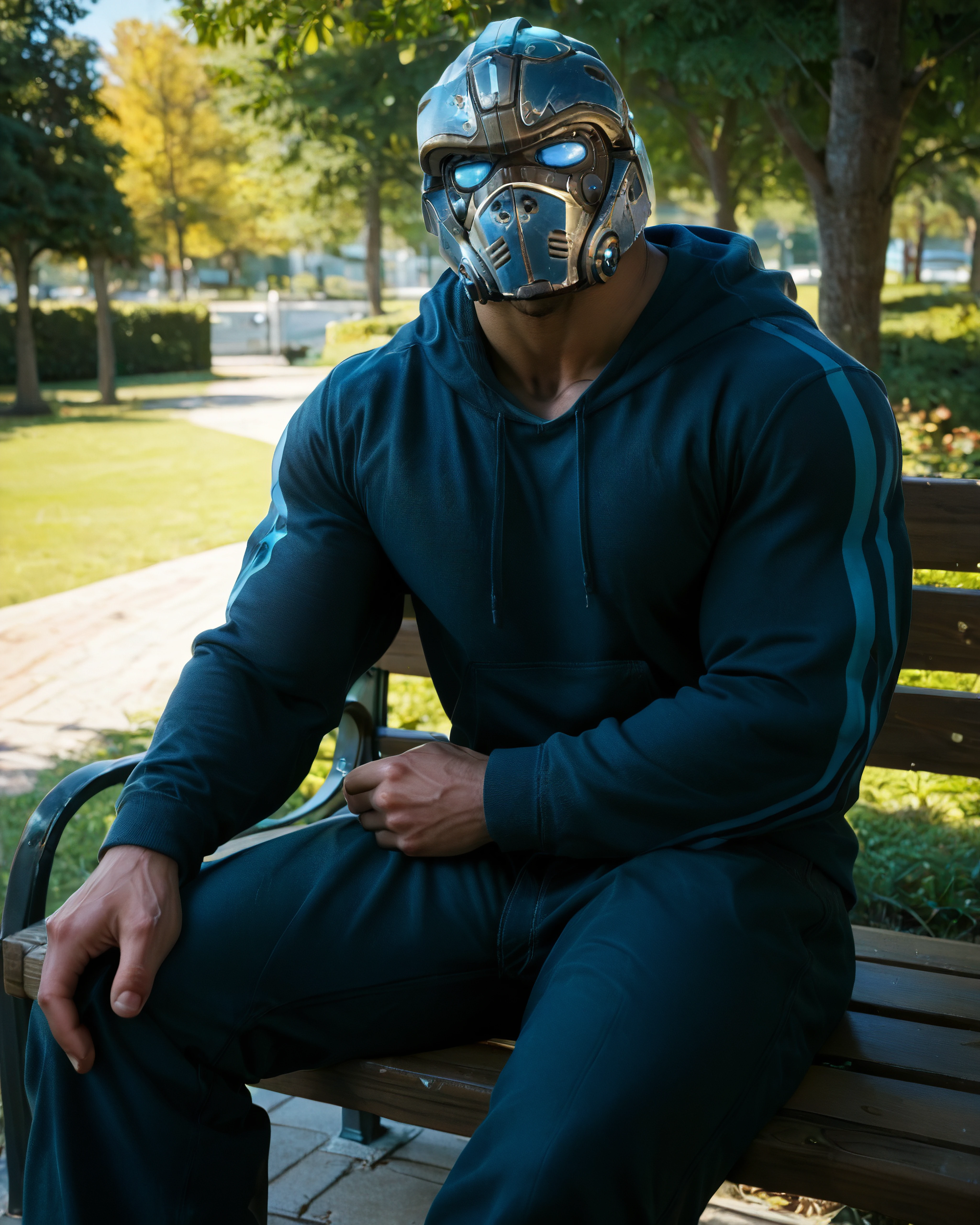 clayton_carmine, looking at viewer, hoodie, helmet, muscular, bara, outdoor, park, trees, sitting on bench, looking at viewer, long pants <lora:Clayton_Carmine_PonyXL-10:0.9>, score_9, score_8_up, score_7_up, score_6_up,