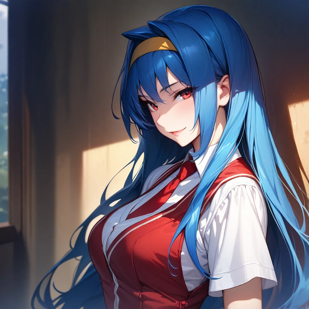 (masterpiece),(best quality),(ultra-detailed),(best illustration),(best shadow),(absurdres),(detailed background),(very aesthetic),
saki_tsuzura, blue hair, long hair, red eyes, yellow hairband, medium breasts, white shirt, red vest, red necktie, upper body, portrait, from the front view, seductive smile, 
<lora:XL-SakiTsuzura:1>