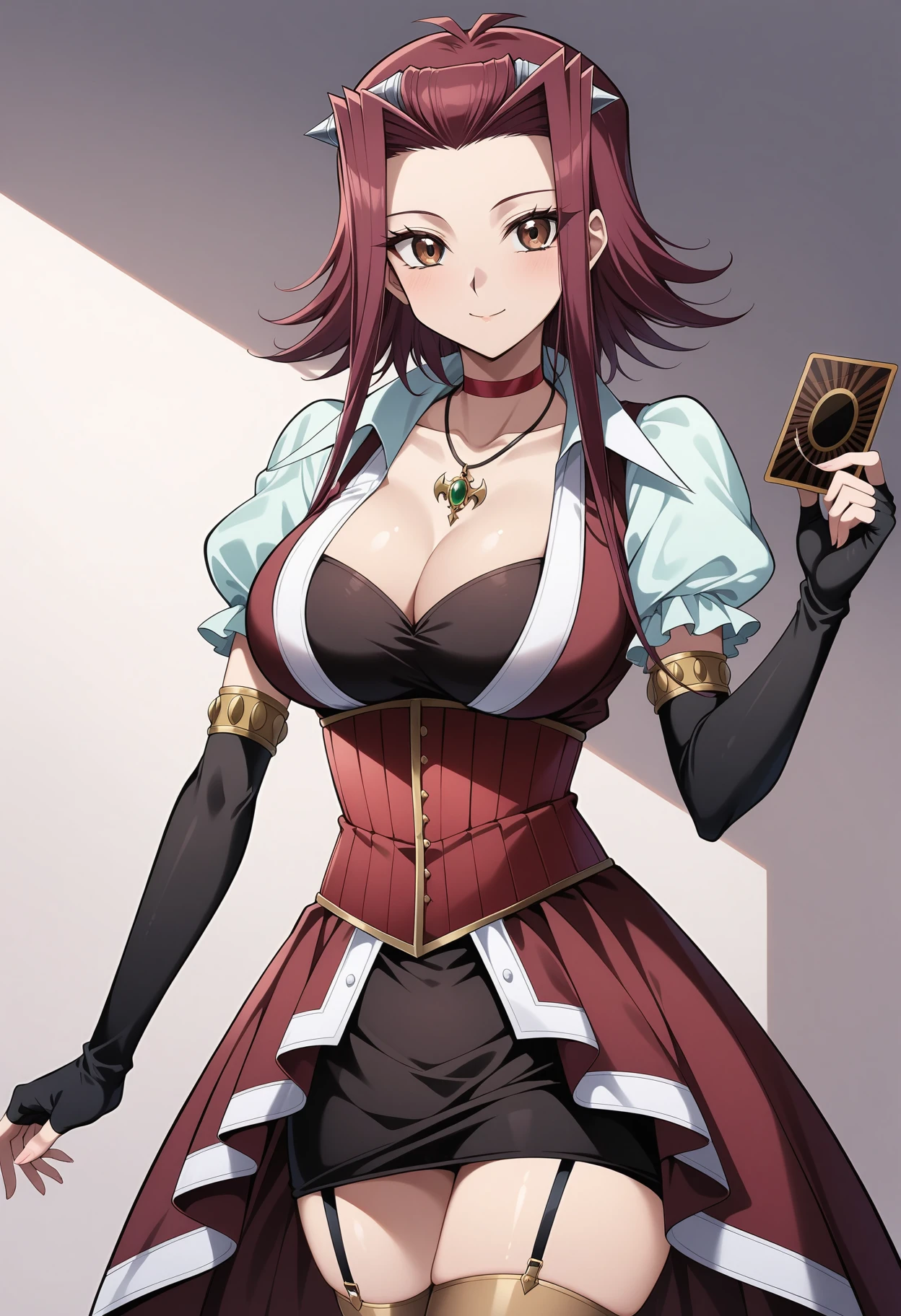 (masterpiece, best quality, very aesthetic, ultra detailed), intricate details, 4k, aaaki, short hair with long locks, red hair, hair intakes, hair ornament, brown eyes, breasts, red choker, necklace, cleavage, red dress, puffy sleeves, short sleeves, elbow gloves, fingerless gloves, black gloves, corset, red skirt, garter straps, thighhighs,  <lora:izayoi_aki_animagine_v1:0.9>, holding card, standing, cowboy shot, smile,