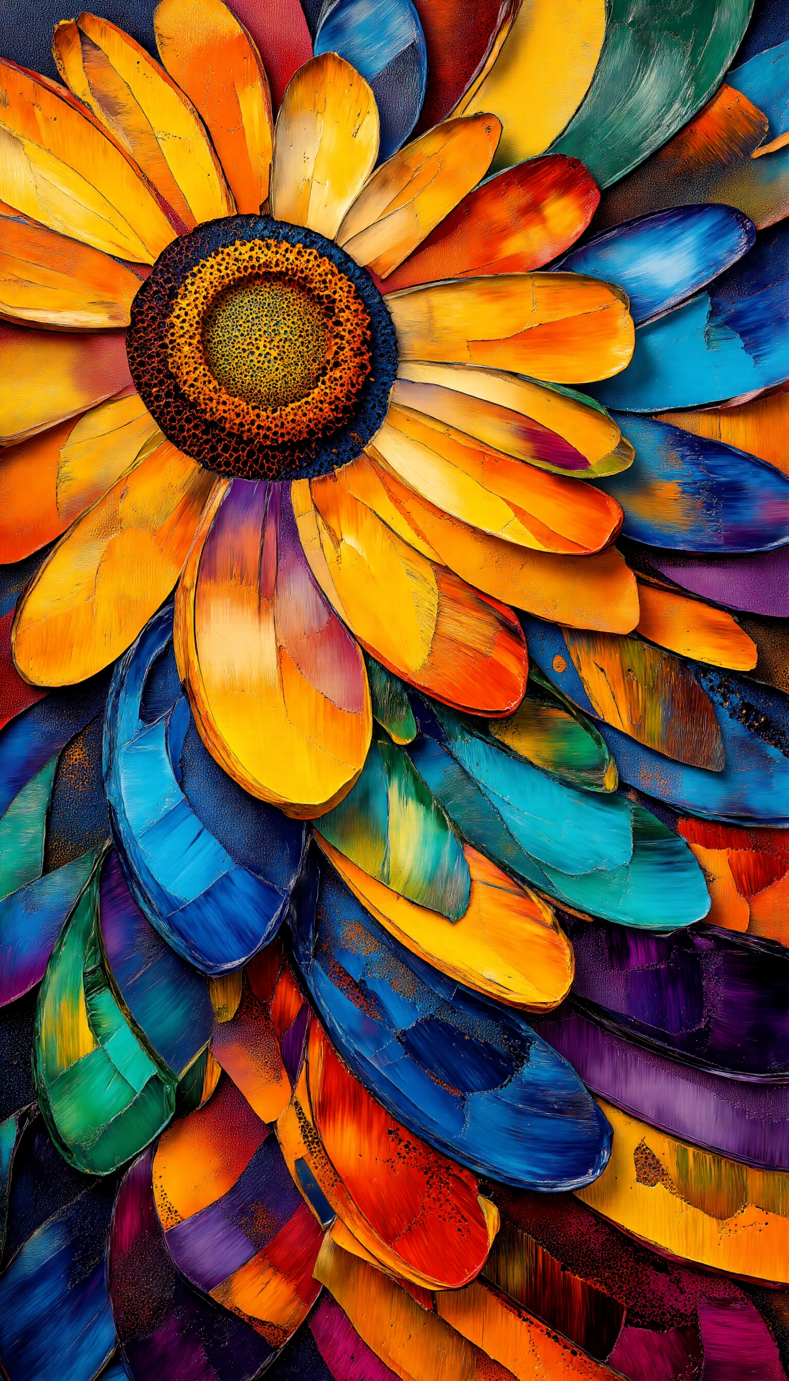 A modern reinterpretation of Vincent van Goghâs "Sunflowers," featuring energetic impasto brushstrokes and bold, contemporary colors. The sunflowers are painted with thick, textured layers of paint using a palette knife and hog hair brushes, creating dynamic, swirling petals. The composition is minimalistic, with a focus on the bold shapes and energetic brushwork, where vivid yellows, oranges, and contrasting deep blues define the flowers. The image balances the intensity of the impasto technique with a clean, refined background, creating a harmonious blend of chaotic energy and simplicity. <lora:Midjourney_Whisper_BrushPulse_v01_epoch_20:1>, colorful, energetic, rich colors, <lora:midjourney_whisper_chromaplex_v1:0.8>,  
 agate texture, <lora:Midjourney_Whisper_AgateX_v1_epoch_10:0.6>,