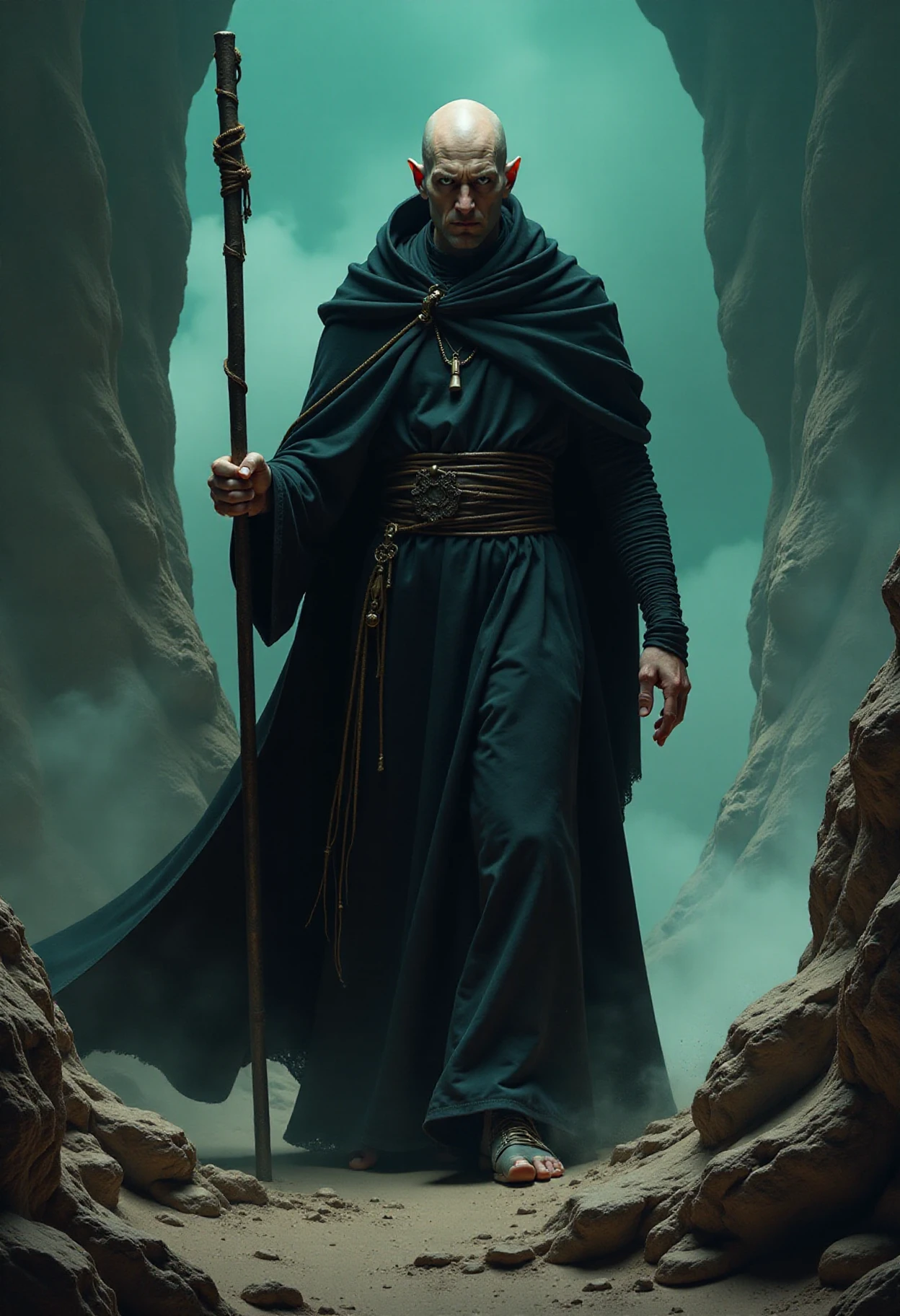 Traveler in Black, mysterious, enigmatic, tall, gaunt, black robe, ageless, deep-set eyes, knowledge, staff, power, order, chaos, riddles, magical landscapes, logic, awe, fear, authority, John Brunner, fantasy, cosmic