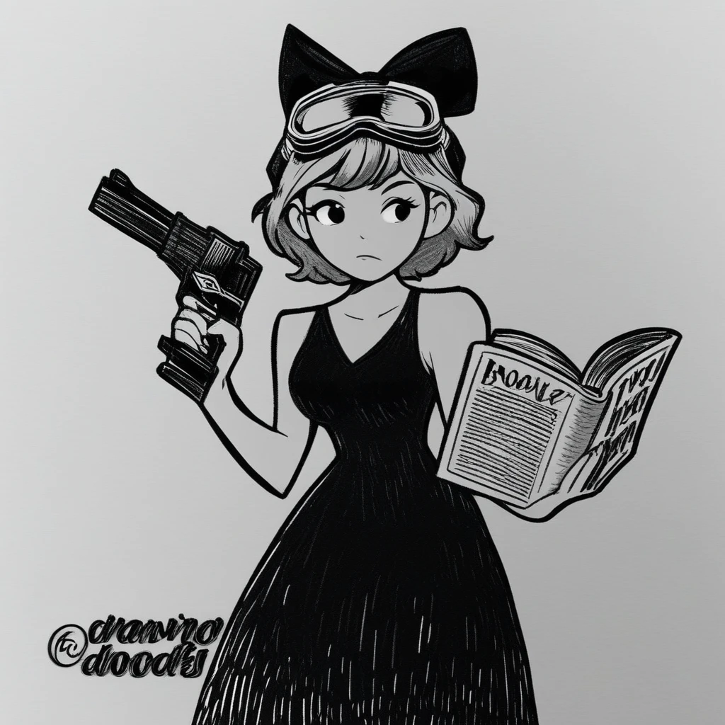 holding gun, book, artist name, dress, monochrome, goggles on head, medium breasts, hair bow, 1girl, shadow