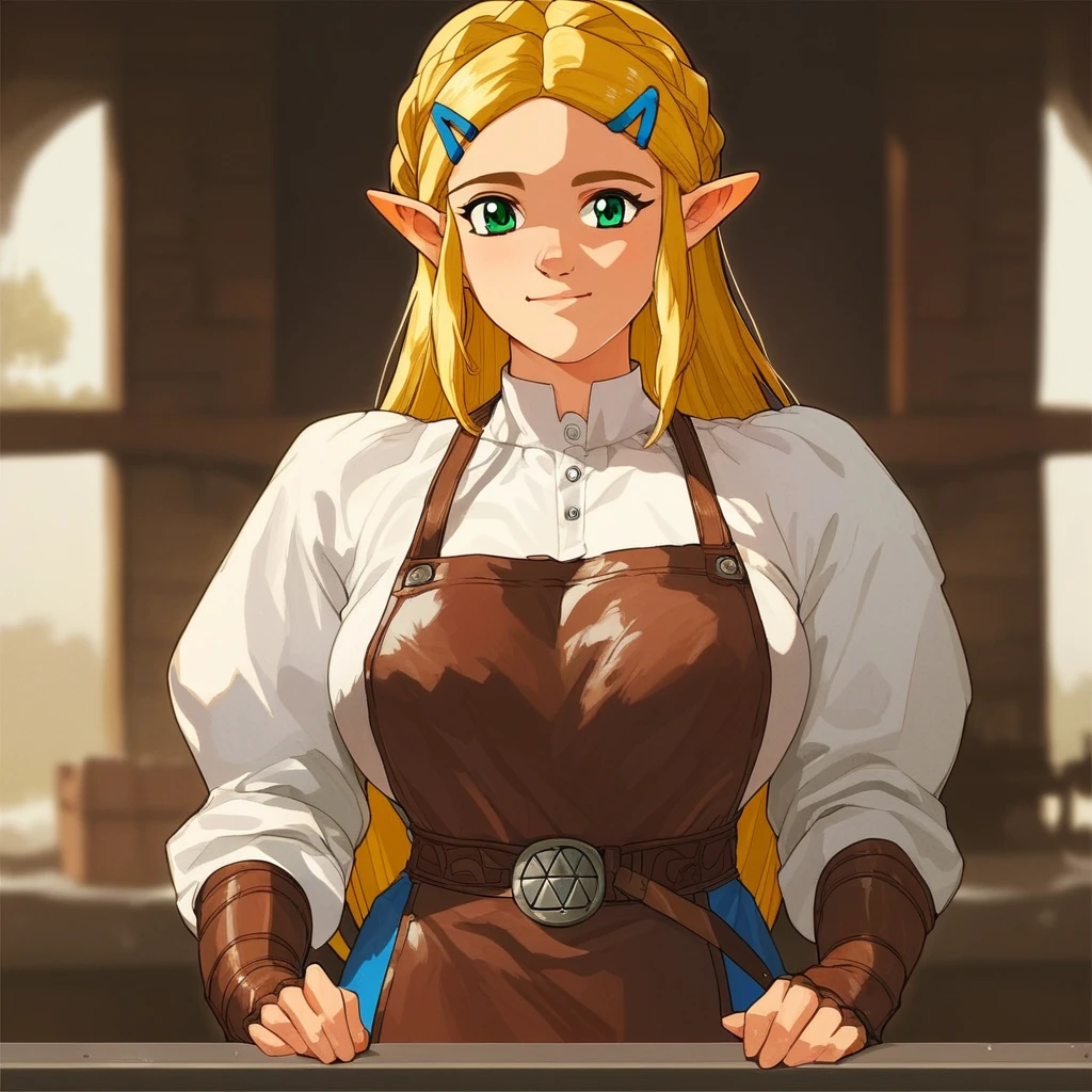 source_anime, BL4CKSM1TH, apron, leather((score_9)),score_8_up,score_7_up,score_6_up,score_5_up,score_4_up, retro_artstyle, anime style, 1woman, Princess Zelda, blonde hair, large breasts, (green eyes), looking at viewer, facing viewer, masterpiece, best quality, highres, best illumination, depth of field,