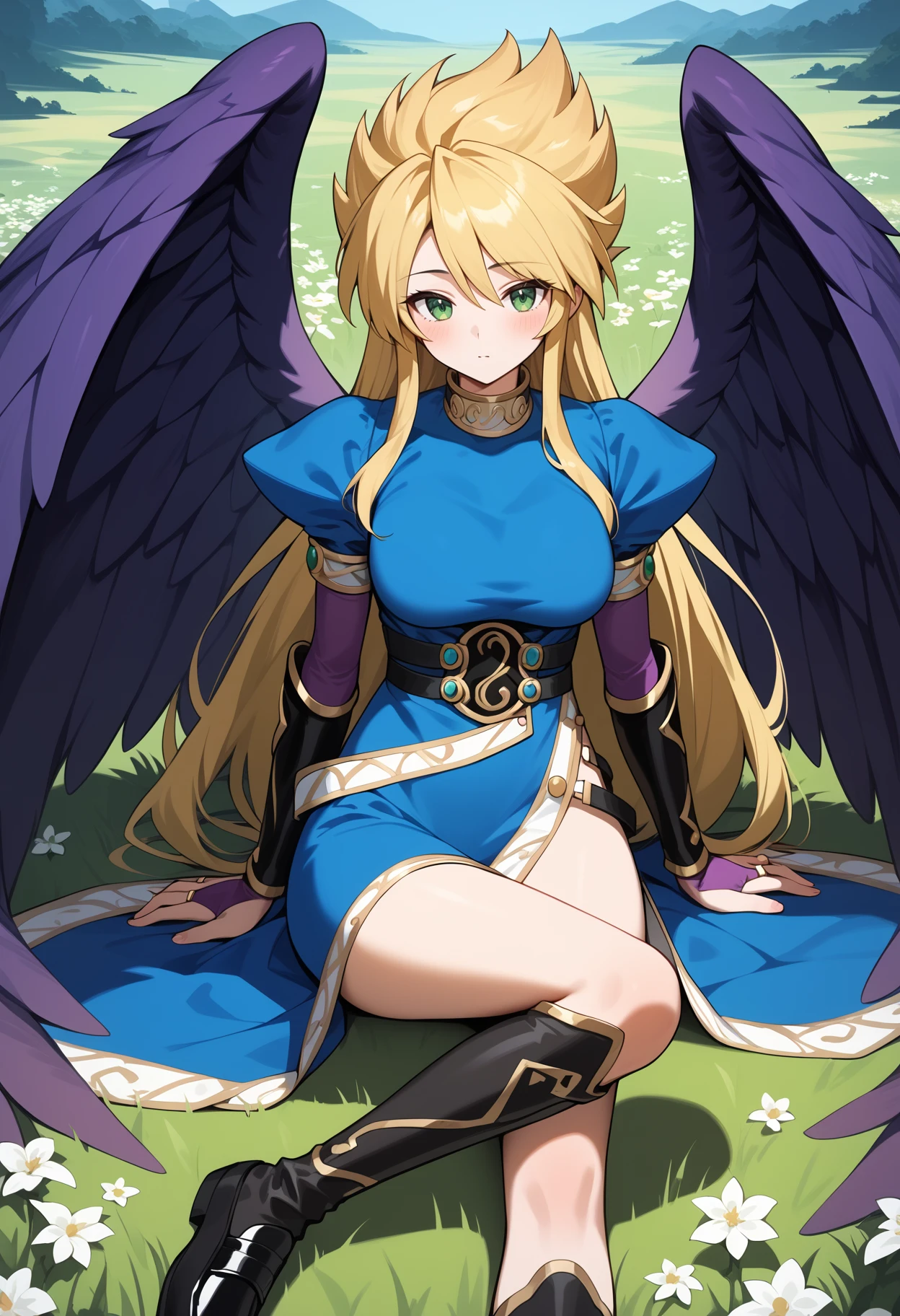 score_9, score_8_up, score_7_up, score_6_up, score_5_up, score_4_up, source_anime, aanina, long hair, blonde hair, green eyes, large breasts, feathered wings, purple wings, blue dress, puffy sleeves, bridal gauntlets, side slit, <lora:nina_bof2_ponyxl_v1:0.9>, on floor, sitting, grass, field, loafers, flower, boots, black footwear,