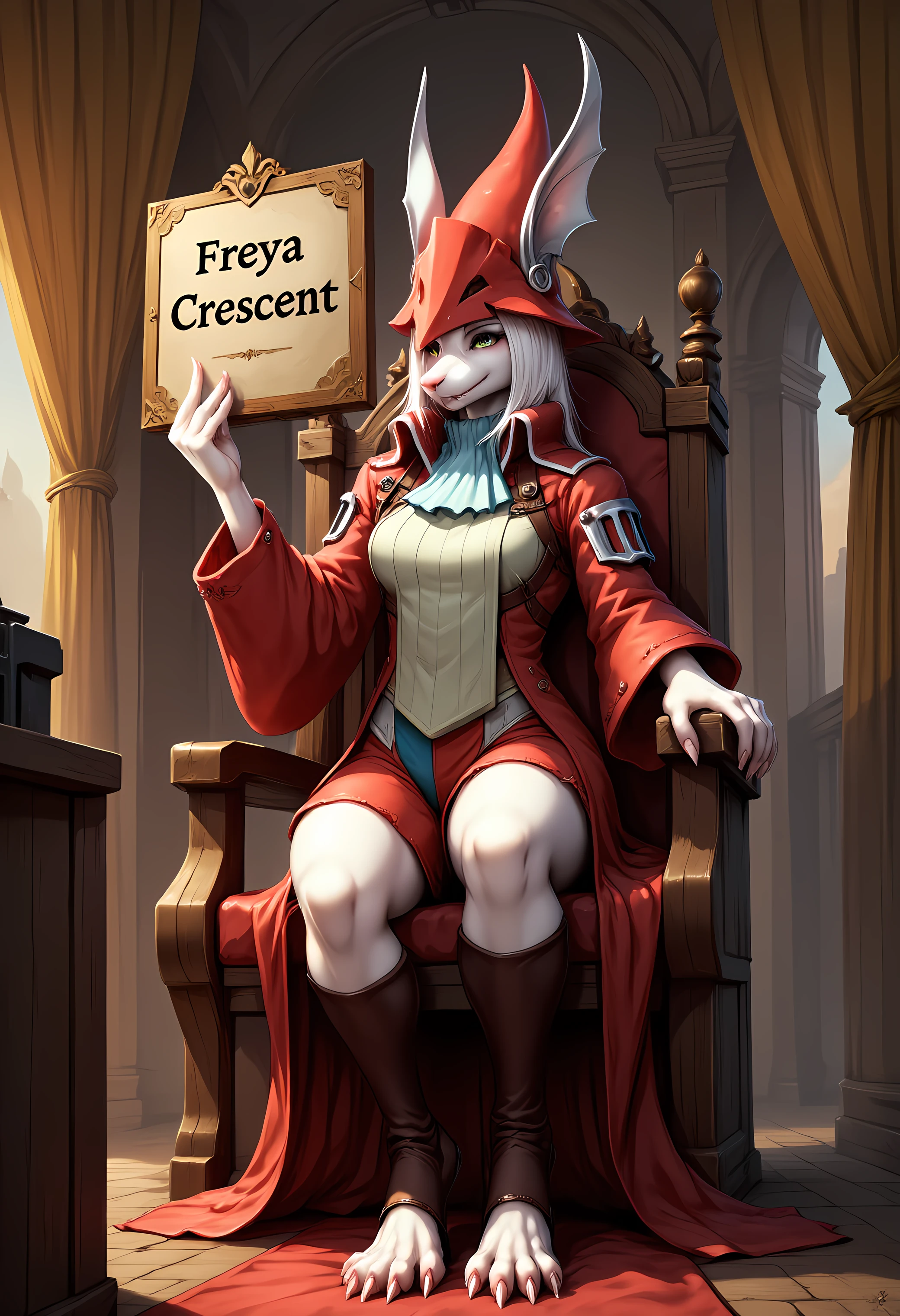 freyac, furry rat girl with white fur, wearing red coat, ascot, leather gaiters, dragoon hat. Sitting on a throne in a throne room, holding up an expensive looking sign that says "Freya Crescent".  