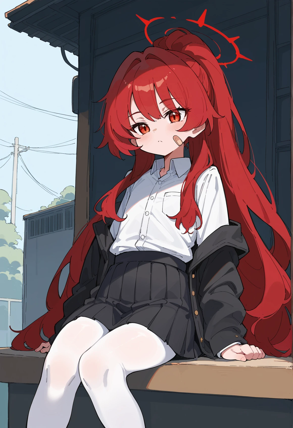 1girl, halo, bandaid on cheek, ponytail, absurdly long hair, red hair, messy hair, sidelocks, red eyes, school uniform, white shirt, black jacket, black skirt, white pantyhose, sitting, holding dango, outdoors <lora:ashiharatsumori_koito_project_KV:1>, score_9, score_8_up, score_7_up, score_6_up, score_5_up, score_4_up, BREAK source_anime, masterpiece