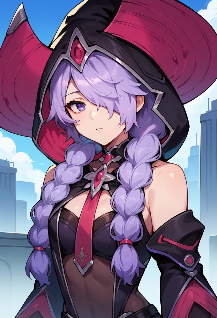 <lora:Era:1> 1girl, era, long hair, purple hair, twin braids, braid, hair over one eye, hood, gloves, black gloves, hat, purple eyes, fingerless gloves, witch hat, necktie, bare shoulders, upper body portrait, outside, city, science fiction, building,, score_9, score_8_up, score_7_up, source_anime,