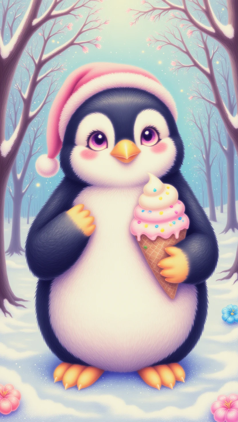 p3nc1ldraw1ng,a cute penguin holding an ice cream, snow, christmas decorations 