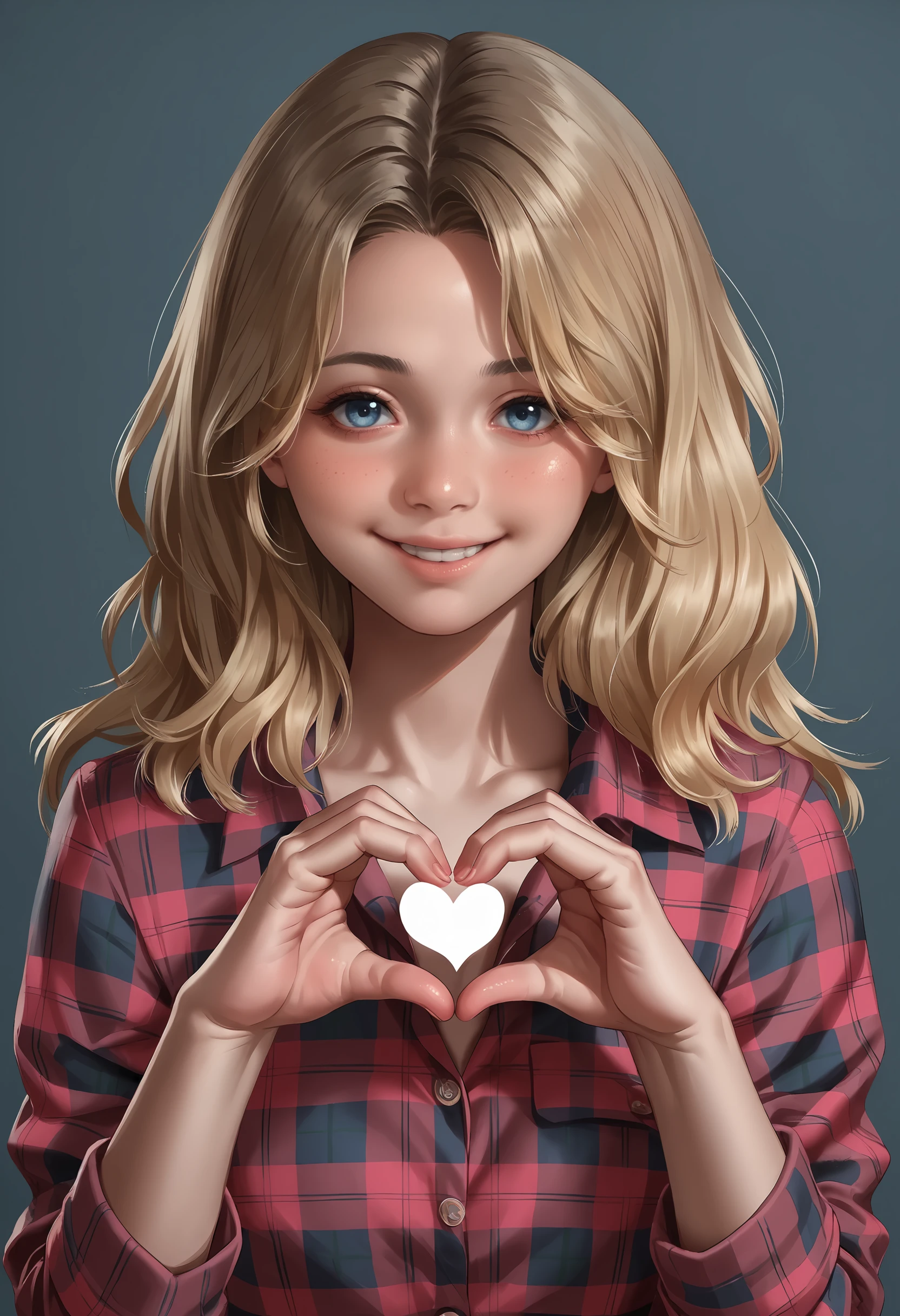 score_9, score_8_up, score_7_up, score_6_up, score_5_up, score_4_up, 1girl, <lora:BeccaWoolettRER:0.75> solo, blue eyes, wavy hair, blonde hair, long hair, plaid shirt, shirt, plaid, upper body, smile, looking at viewer, heart hands,
light blue background, simple background,