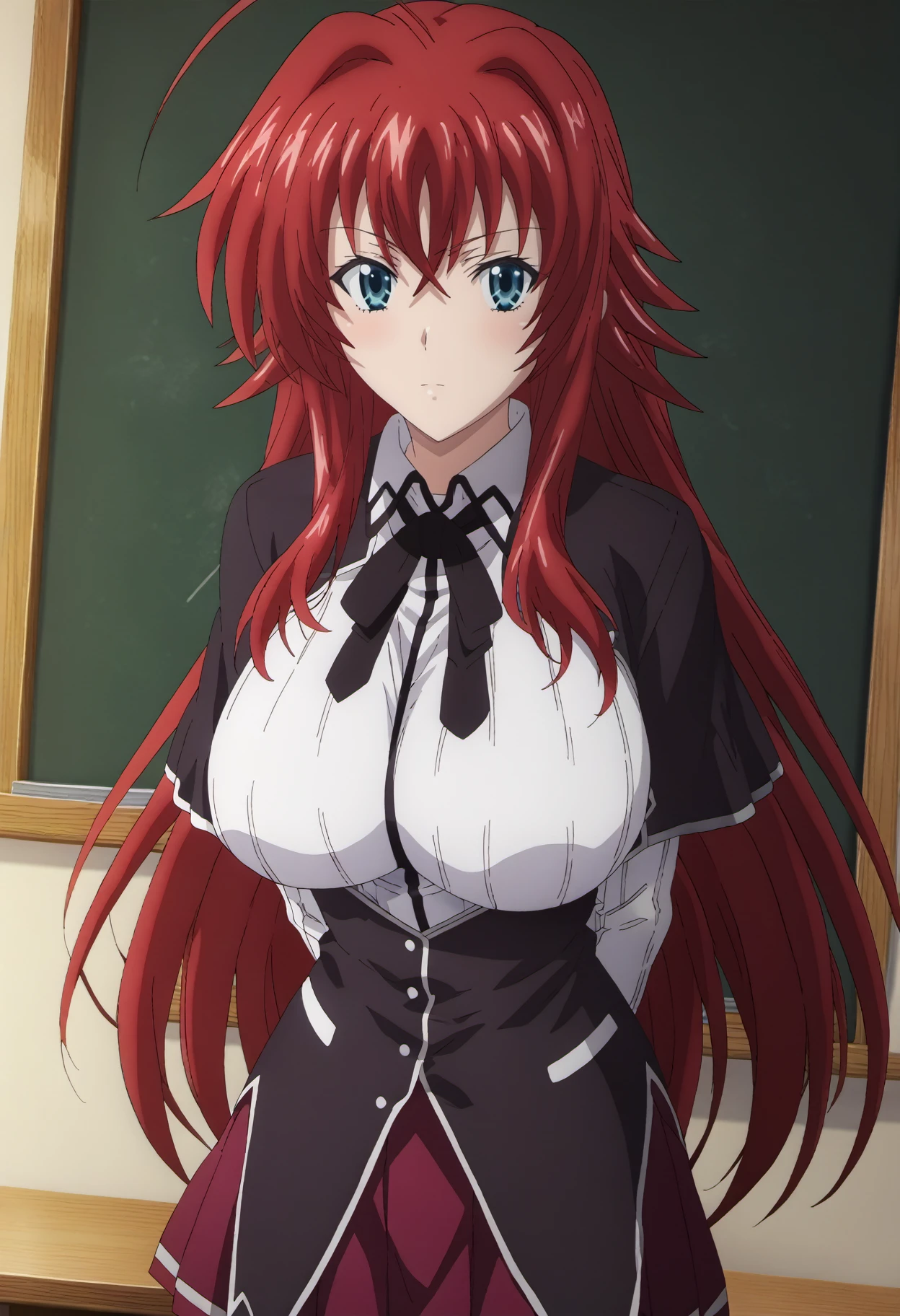 score_9, score_8, score_7_up, anime coloring, rating_explicit,BREAK, <lora:Rias_Gremory_PonyXL_MukSen:0.8>, 1girl, rias gremory, blue eyes, long hair, red hair, hair between eyes, ahoge, solo, looking at viewer, huge breasts, school uniform, collared shirt, pleated skirt, red skirt, long sleeves,black capelet, bow, black bow, breasts, classroom, hands behind back, leaning against table, dutch angle