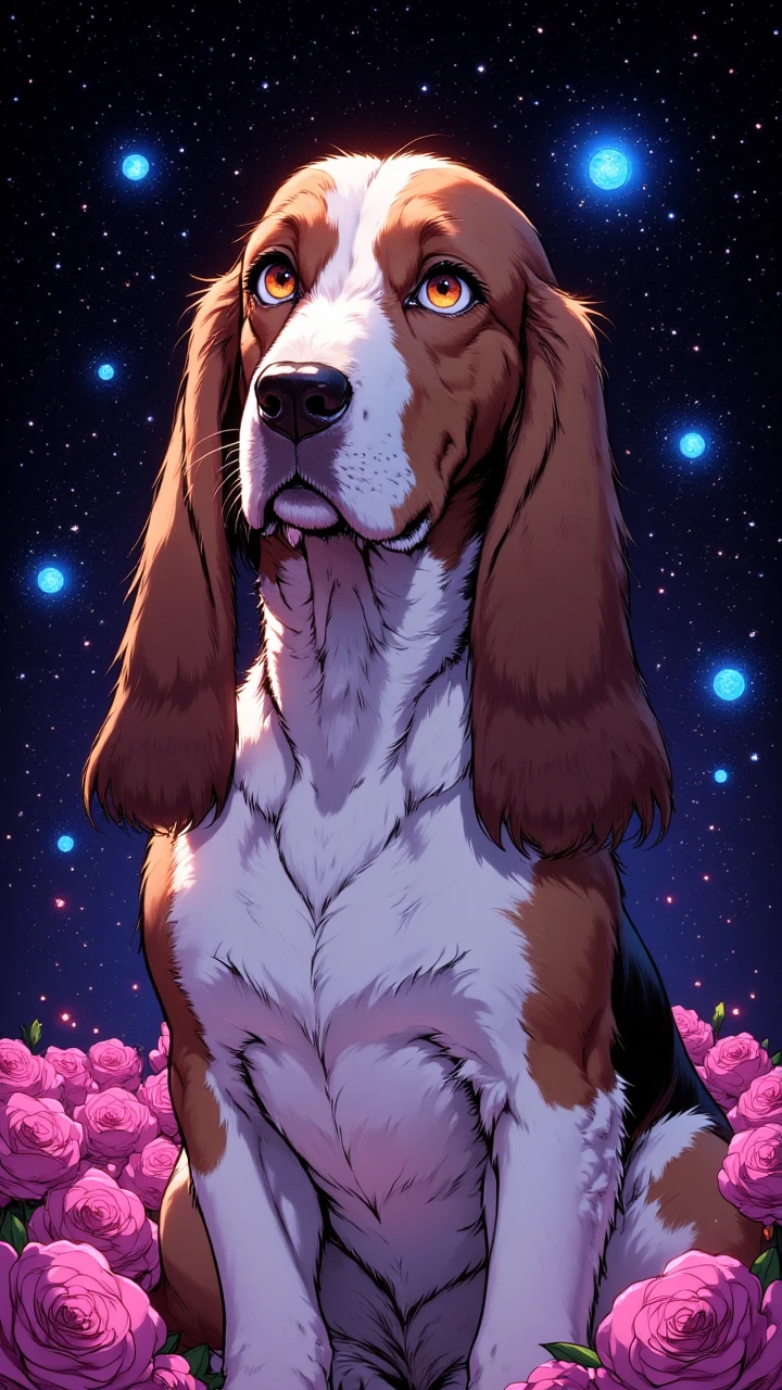 Starlight, aidmaponystyle, Anime lineart, Basset Hound, by M.W. Kaluta, glowy Luminescence, fun, manga, concept art