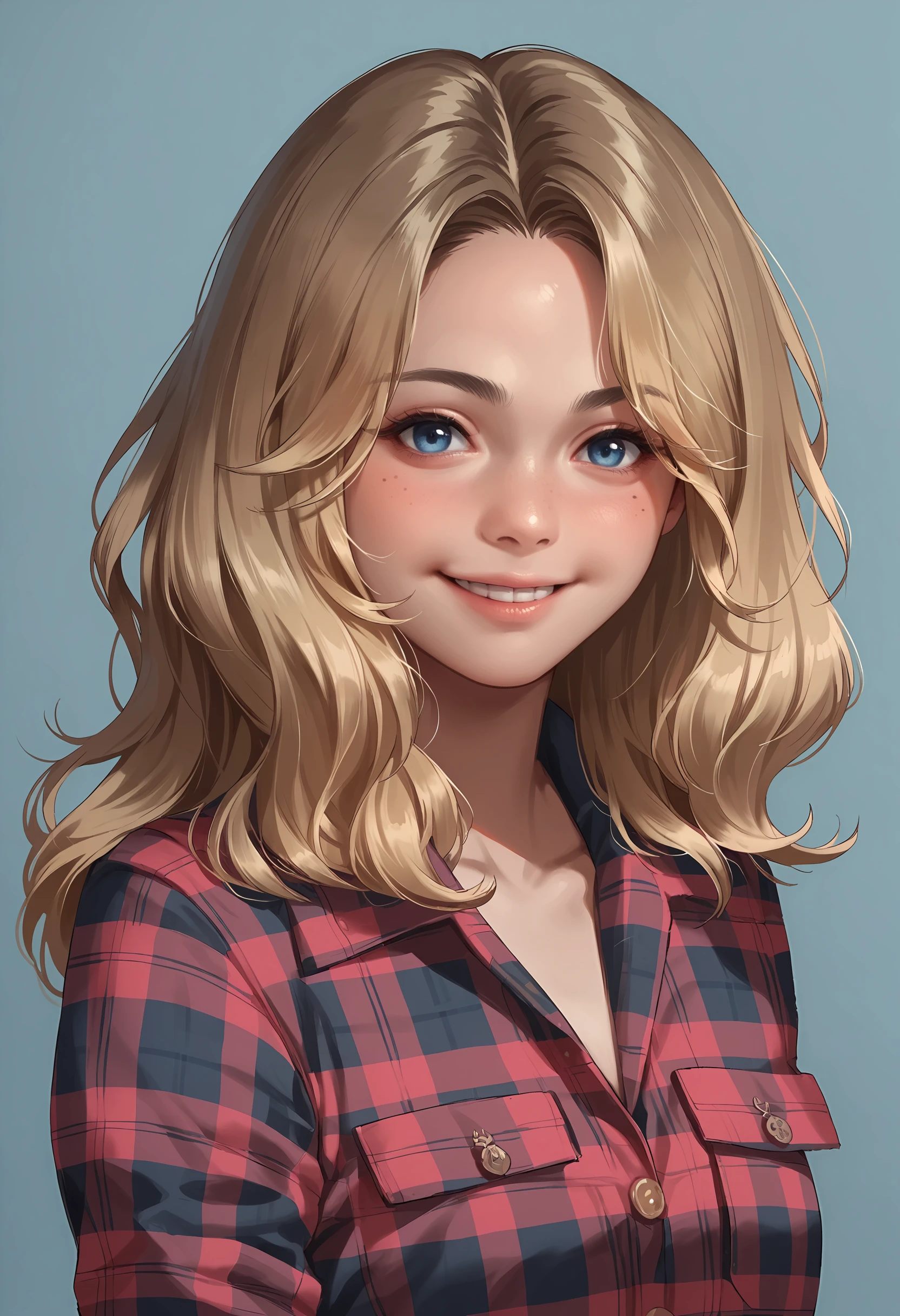 score_9, score_8_up, score_7_up, score_6_up, score_5_up, score_4_up, 1girl, <lora:BeccaWoolettRER:0.75> solo, blue eyes, wavy hair, blonde hair, long hair, plaid shirt, shirt, plaid, upper body, smile, looking at viewer,
light blue background, simple background,