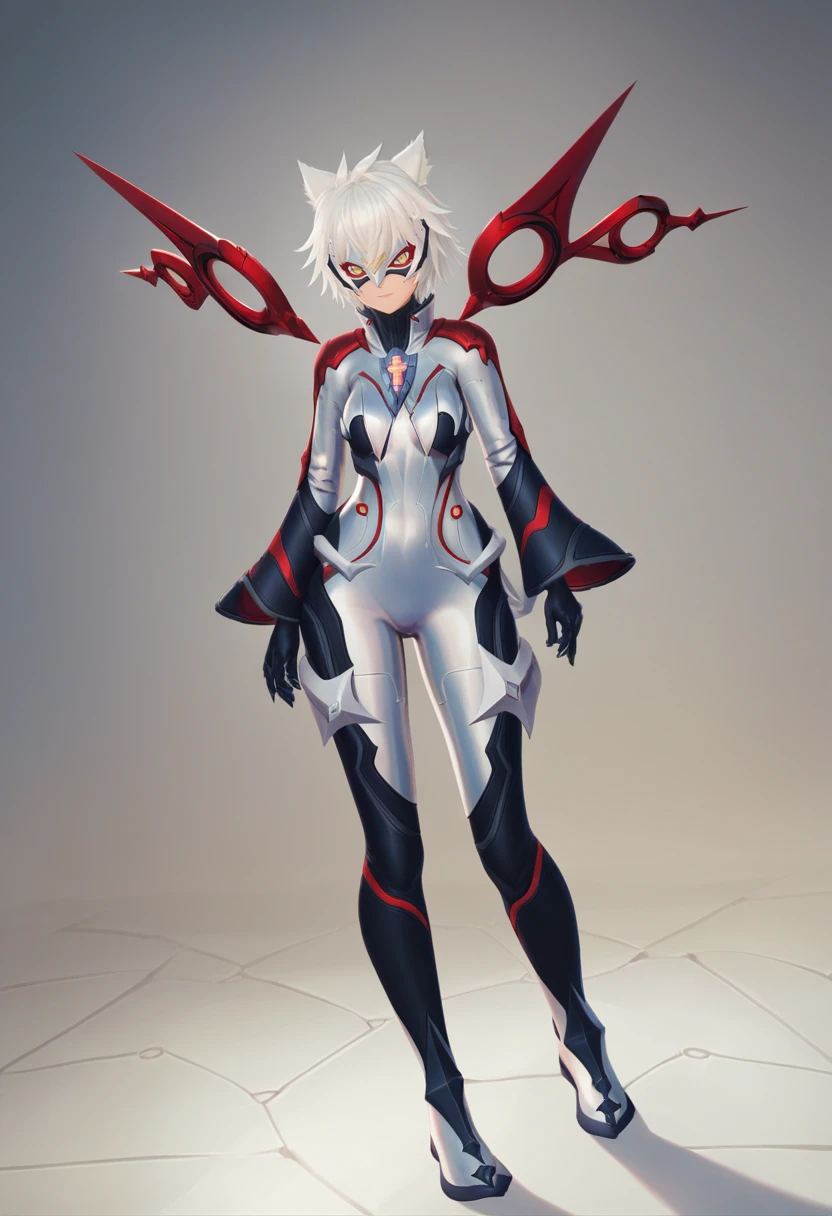 score_9, score_8_up, score_7_up, 1girl, solo, full body, standing, multicolored bodysuit, aegis core, bodysuit sleeves, bodysuit gloves, bodysuit footwear, mask, mechanical wings, pale yellow eyes, messy hair, na'el, detailed background <lora:nael xl 086:1>