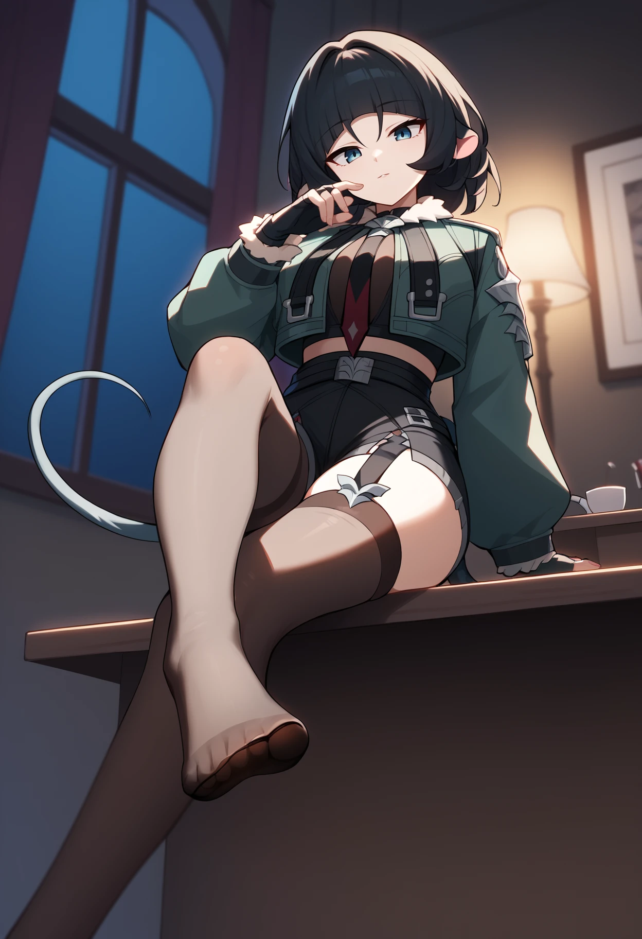 score_9, score_8_up, score_7_up, BREAK,
1girl, janedoe, bangs,  black hair, blue eyes, medium hair,
tail, mouse ears,
fur-trimmed jacket, green jacket, high-waist black shorts, long sleeves, red necktie, belt, fingerless gloves, thighhighs,
sitting on a chair,
indoors, night, looking at viewer, view from below, foot focus, foreshortening, dark background <lora:JaneDoeXL_byKonan:1>