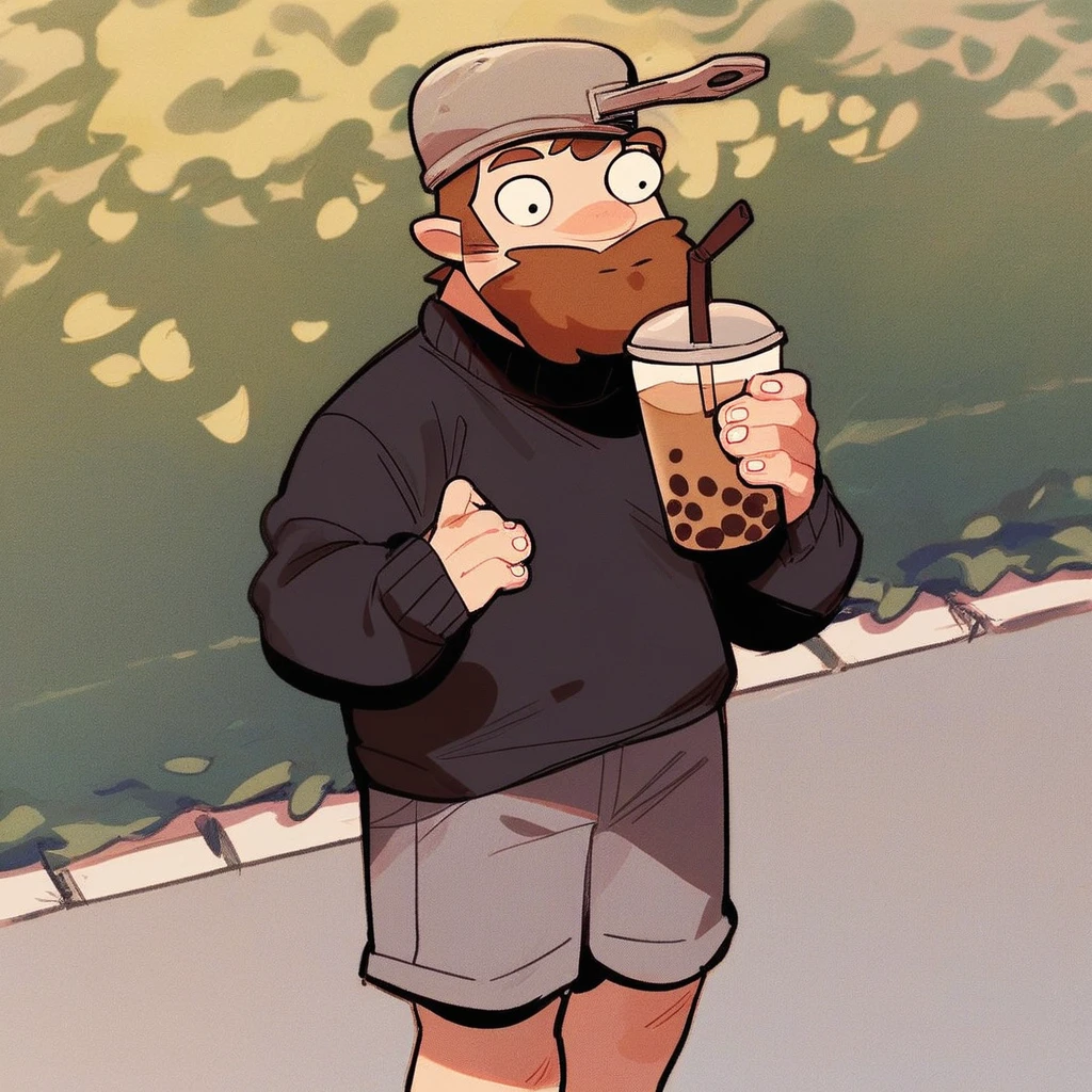 score_9_up, score_8_up, score_7_up, mikus-dave, brown hair, brown beard, frying pan on head, 1boy, solo, black sweater, gray shorts, park, holding, bubble tea