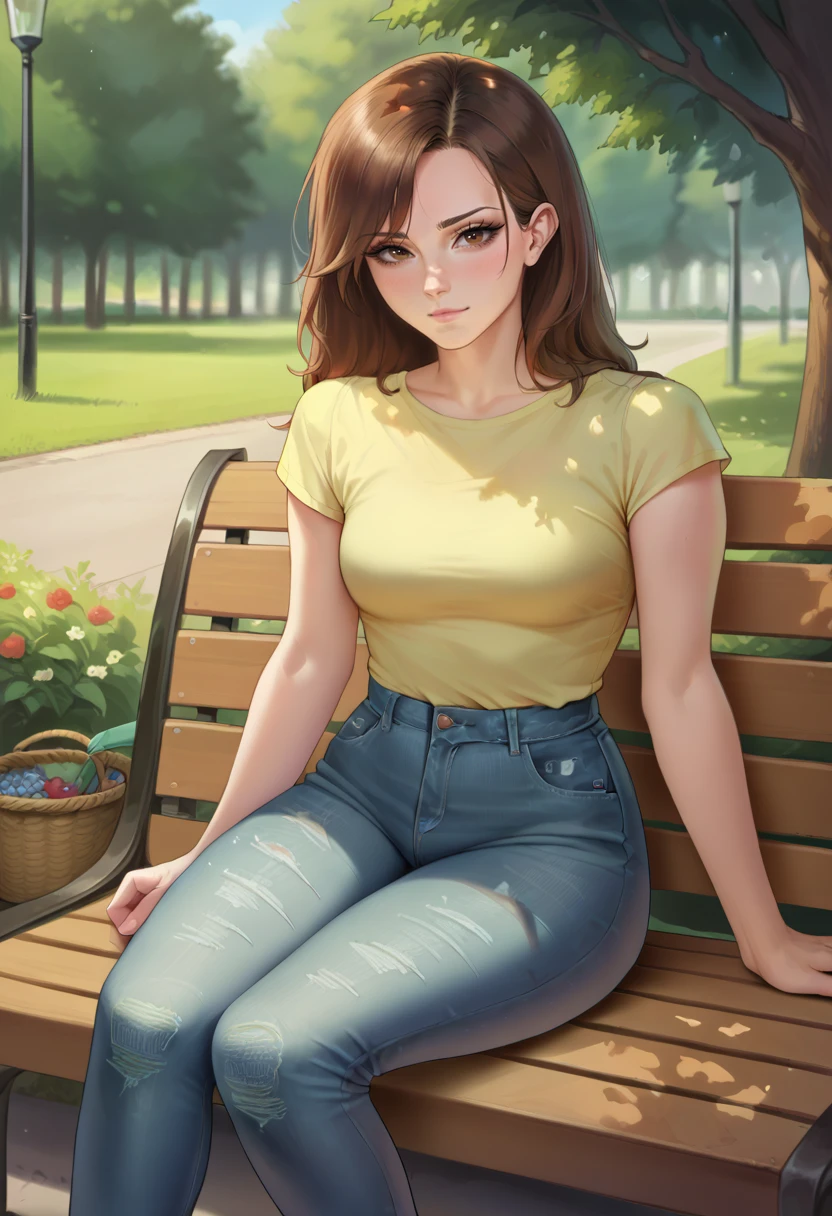 score_9, score_8_up, score_7_up, BREAK  ict style,emxwatson, 1girl, brown hair, brown eyes, sitting, bench, park,jeans,looking at viewer, arm support, <lora:emwatson_ponyxl_standard_xl_1_wo_cap_merger_17_59_07_03_emxwatson:1>